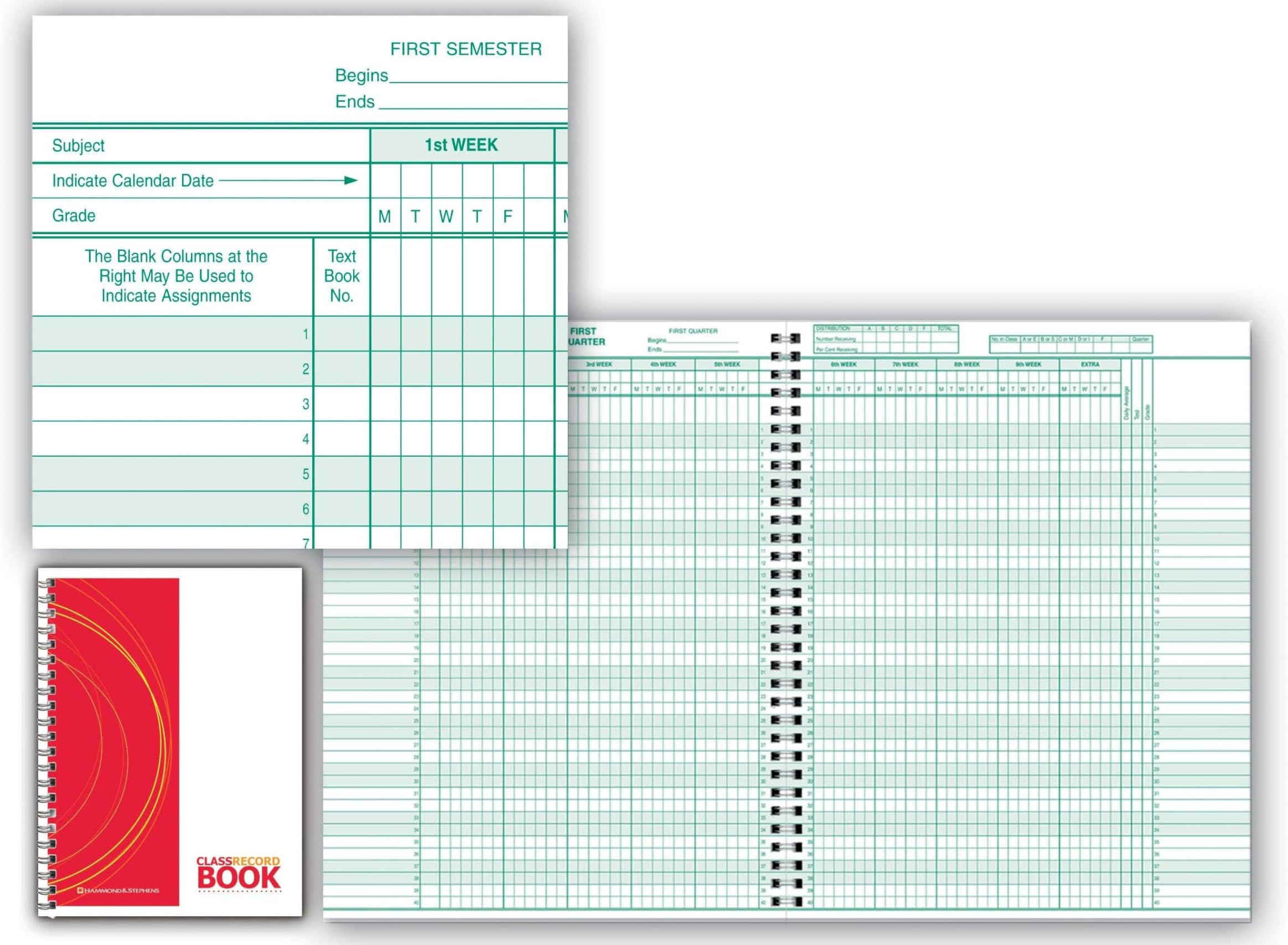 Hammond & Stephens Class Record Book, 8-1/2 X 11 inches, 40 Students, 8 Subjects, 9/10 Week, Green, White