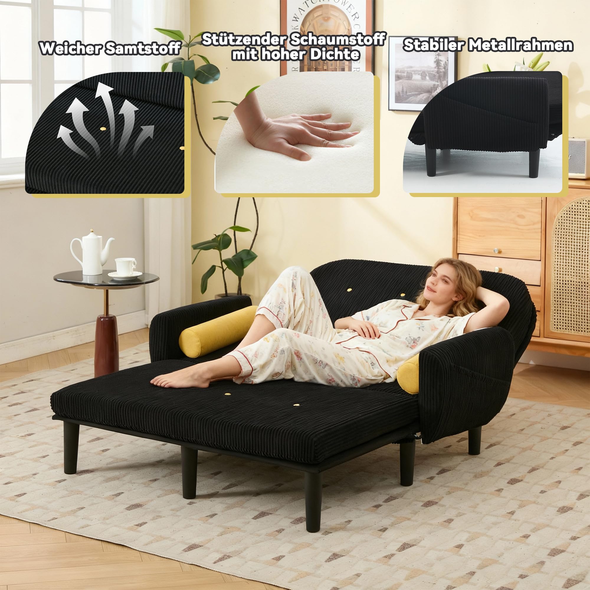 2-Sitzer Sofa mit Rückenlehne verstellbar, Samt-Cord Stoff, Schlafsessel mit Stauraum, für Wohnzimmer, Schlafzimmer, Gästezimmer