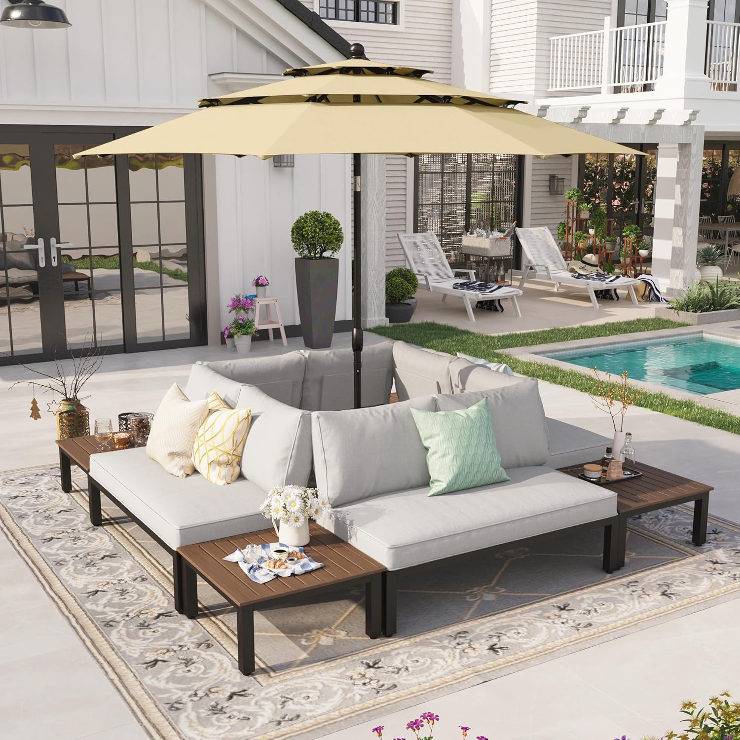 PHI VILLA 8 Piece Patio Furniture Set with 10ft Umbrella