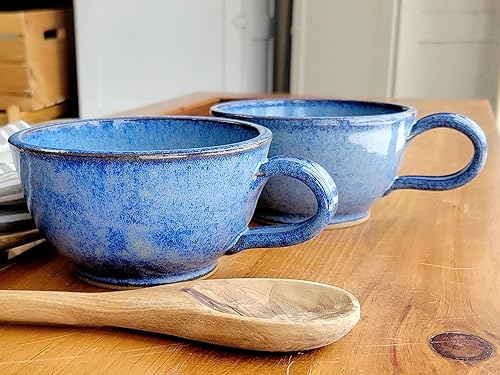 Farmhouse Style Soup Bowls with Handles Set of 2 Deep Large - Hanging Kitchen Chowder Mugs - Handmade Pottery Decor (Variegated Blue)