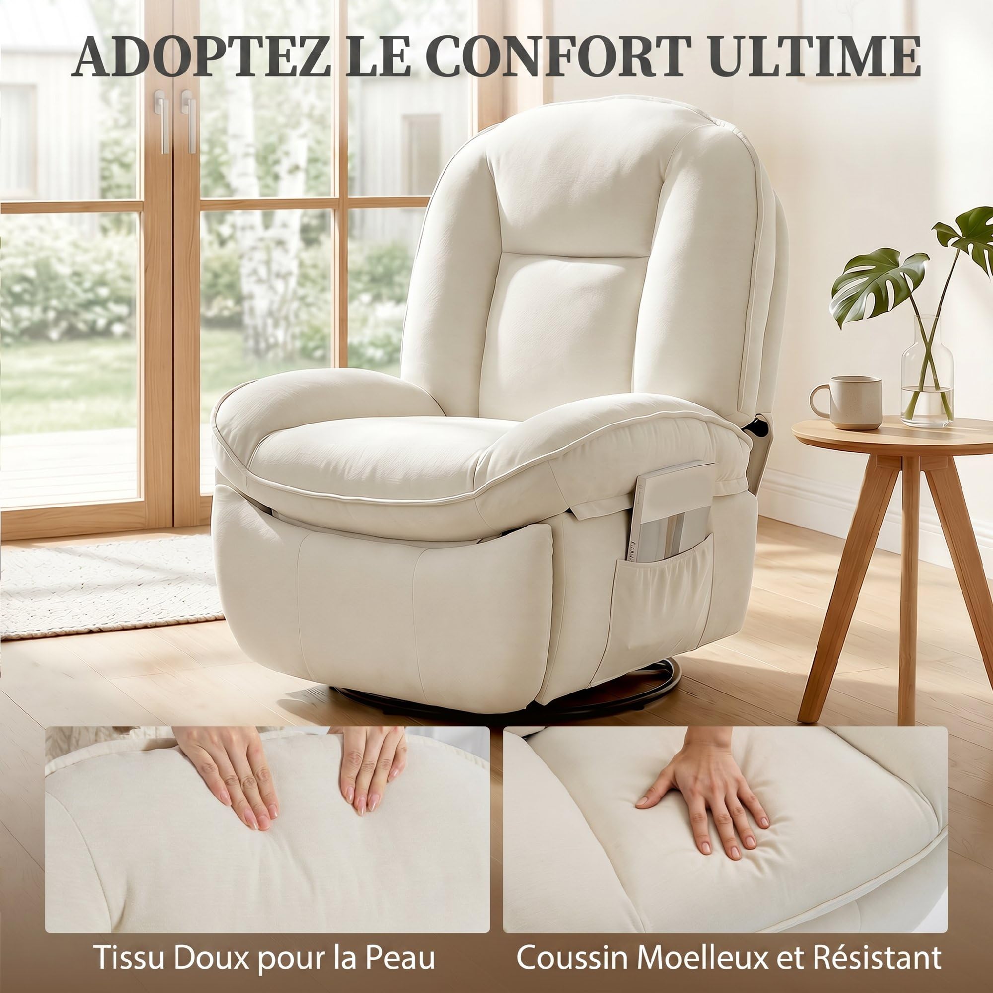 HOMCOM Fauteuil inclinable en chenille, fauteuil de relaxation pivotant à 360° avec repose-pieds, assise large, dossier épais, poches latérales, poignée de tirage, pour salon bureau home cinéma, crème