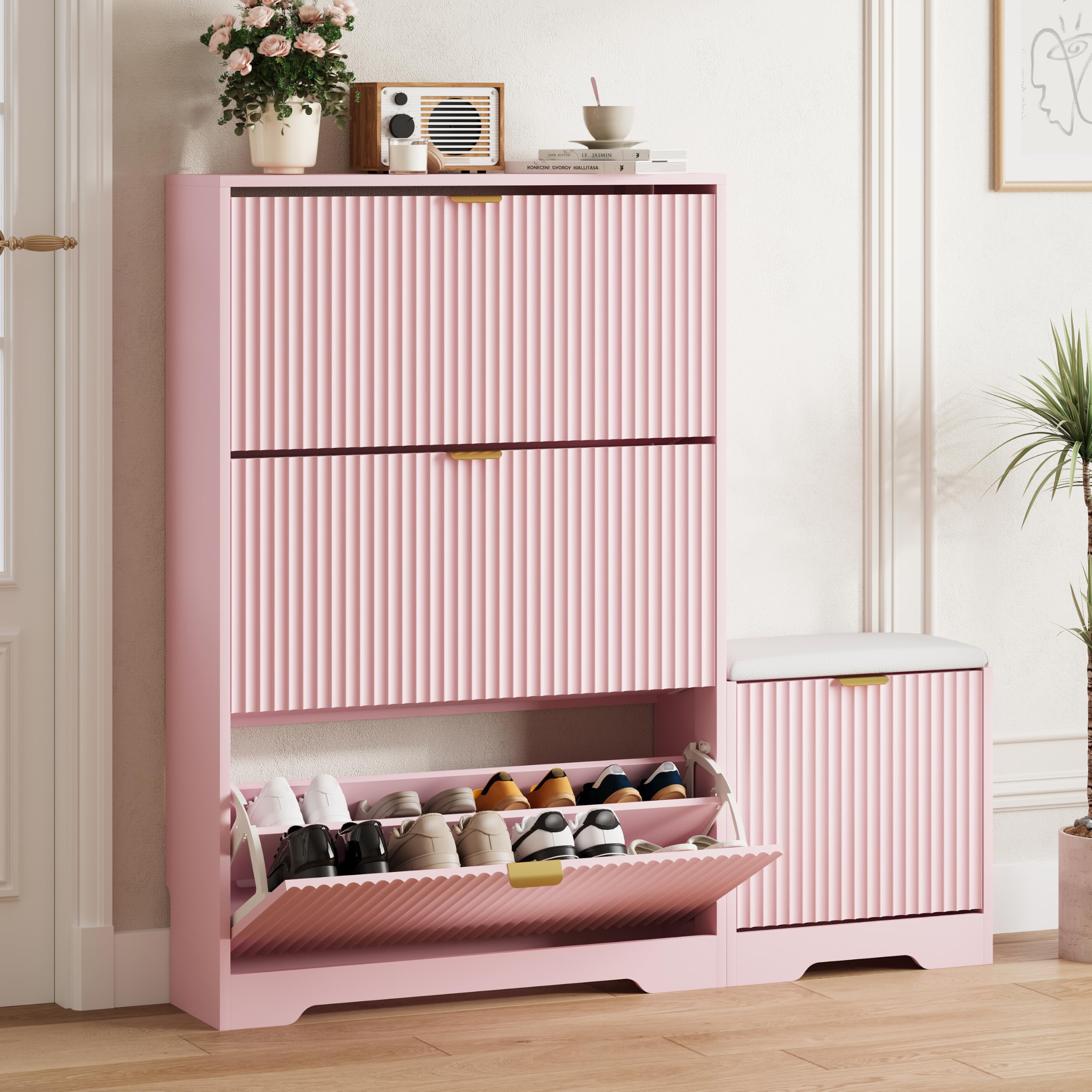 HUANLEGO Shoe Cabinet Storage for Entryway with Flip Drawer &amp; Bench, Pink