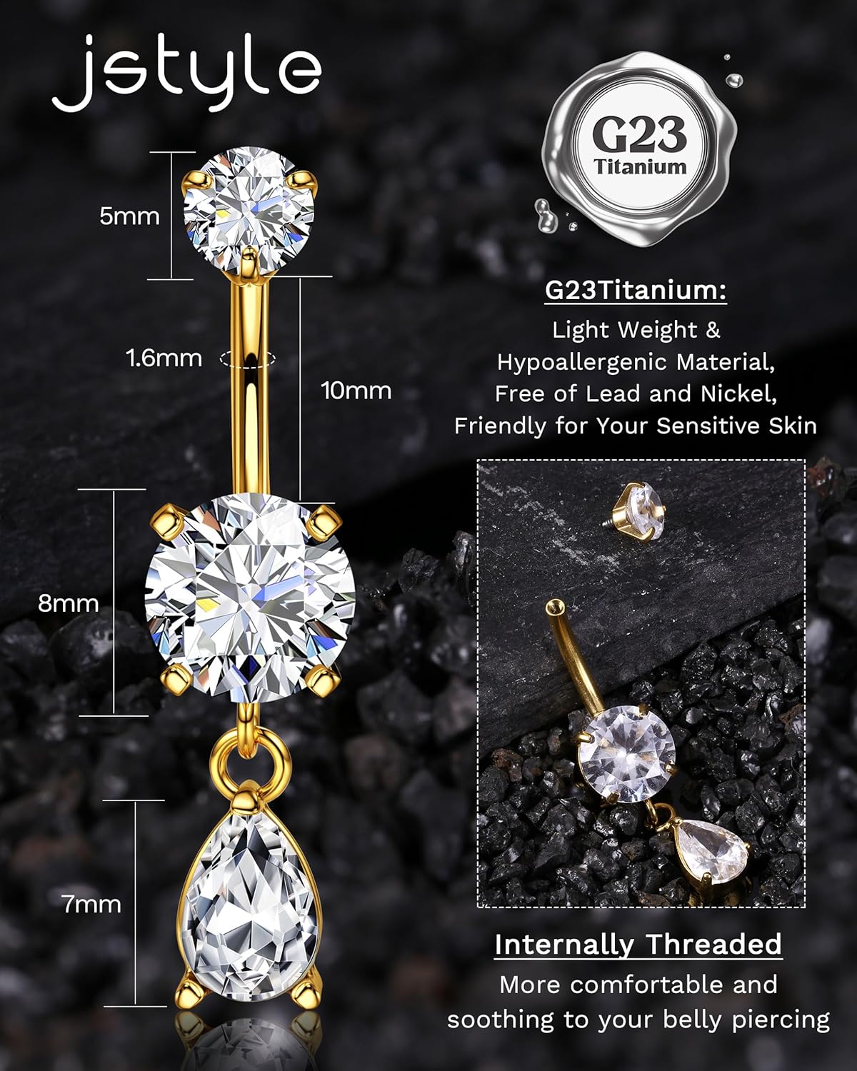 Jstyle G23 Titanium Dangle Belly Button Rings for Women 14G Internally Threaded Belly Ring Dangling Piercing Jewelry with Heart Butterfly CZ Hypoallergenic Navel Piercing Ring - Image 3