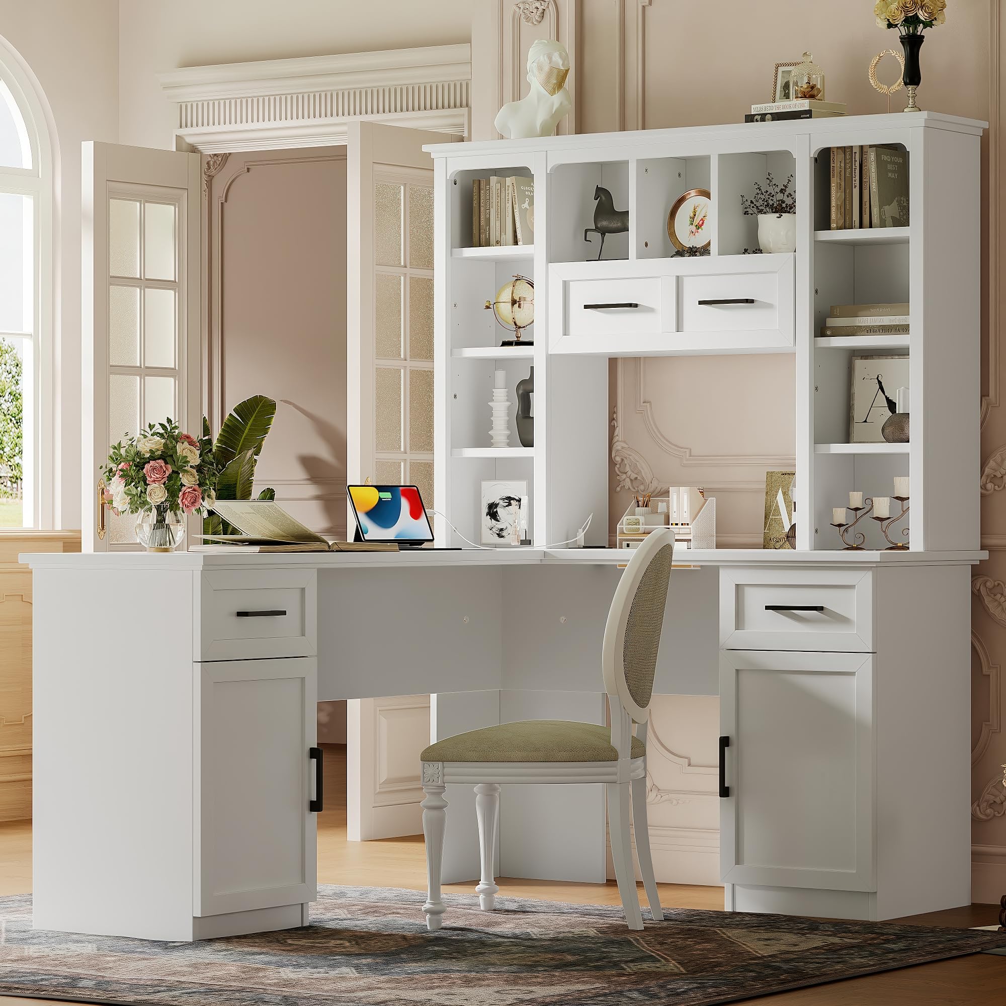 View 1 of **FOR PARTS ONLY, MISSING PIECES** Bellemave L Shaped Executive Desk, Farmhouse l Shaped Desk, Home Office Table with Storage Cabinet and Shelf, Farmhouse Corner Table with Drawers, White