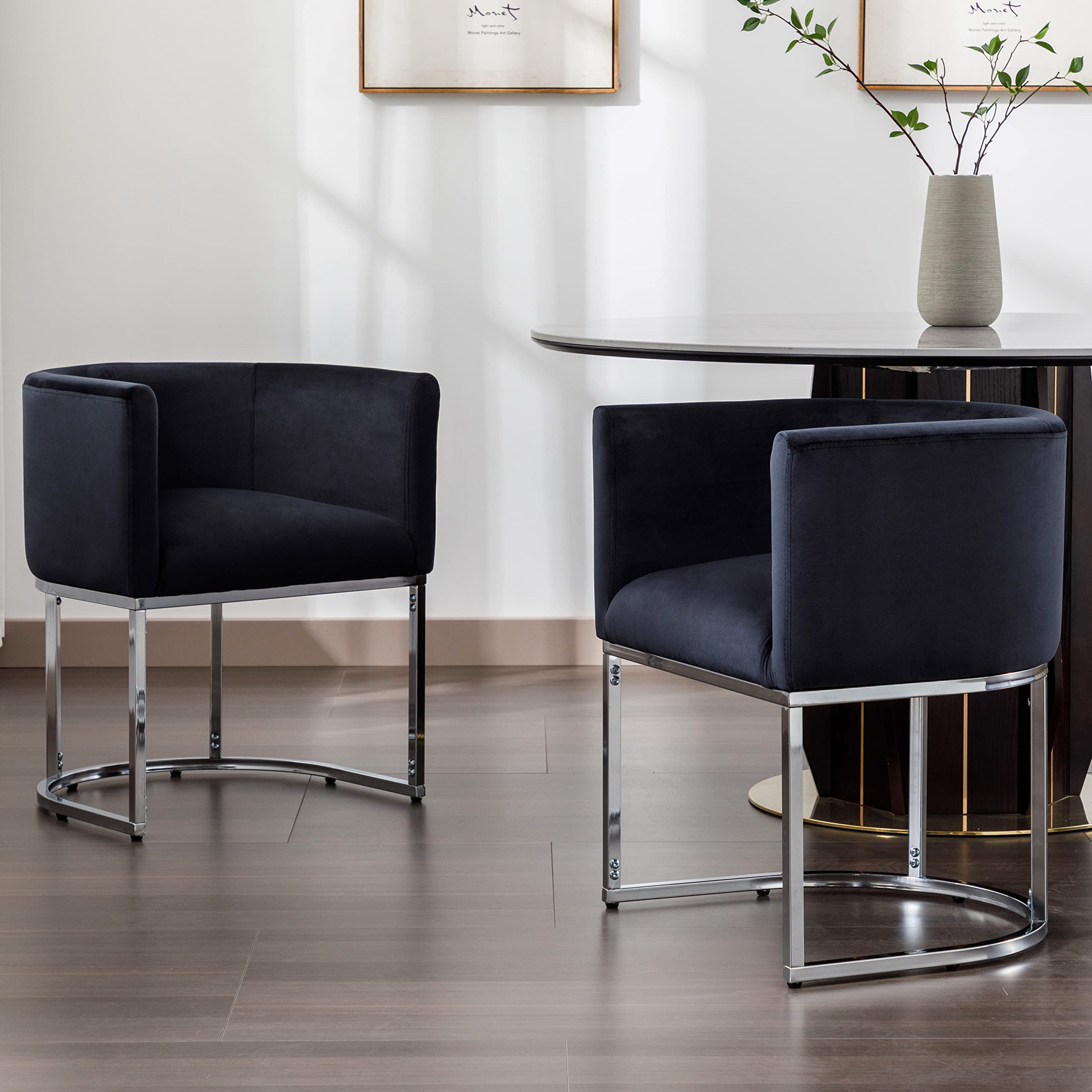 RIVOVA Upholstered Dining Chairs Set of 2, Modern Barrel Side Armchair Dining Room Chairs Comfy Armchair Kitchen Side Chair with Chrome Metal Legs, Black Velvet