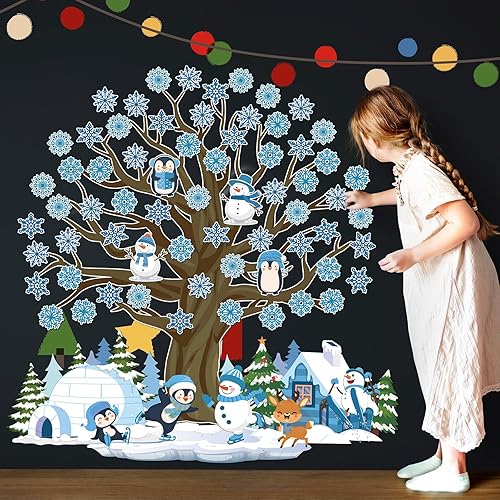 Miniatura 5 de Glenmal 85 piezas de decoración de tablón de anuncios de invierno para el aula, copos de nieve, muñeco de nieve con punta de pegamento, recortes