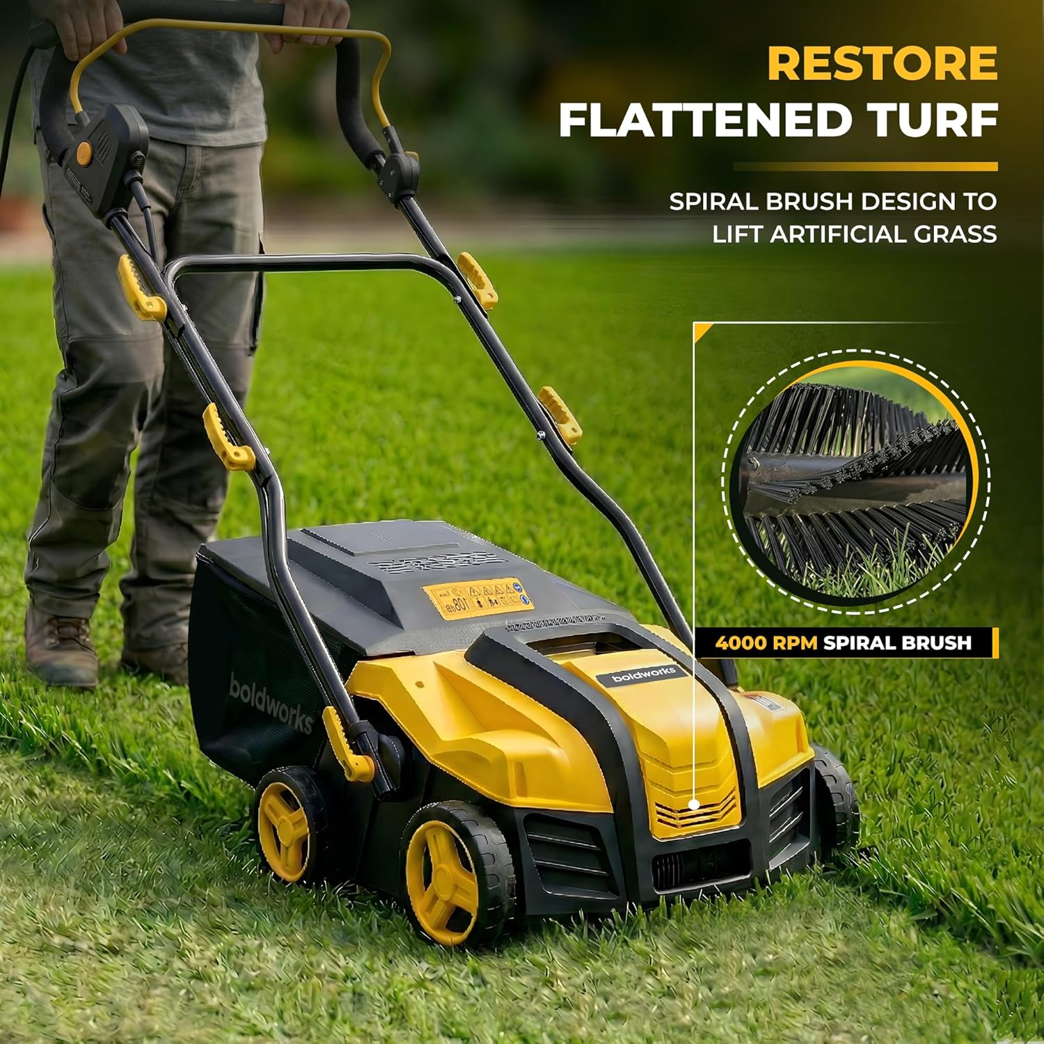 Electric Artificial Turf Sweeper 16” Artificial Grass Sweeper Vacuum with 45L Collection Bag 5 Height Adjustment Foldable Turf Power Broom for Artificial Grass Cleaning