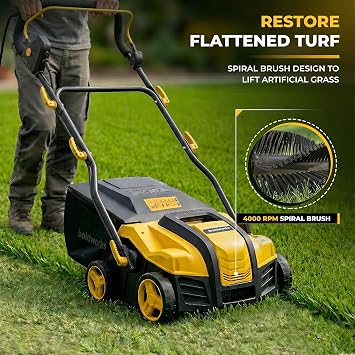 Electric Artificial Grass Sweeper, 40.6 cm, Artificial Grass Sweeper, Vacuum with 45L Collection Bag, 5 Height Adjustment, Foldable Lawn Power Broom for Artificial Grass Cleaning