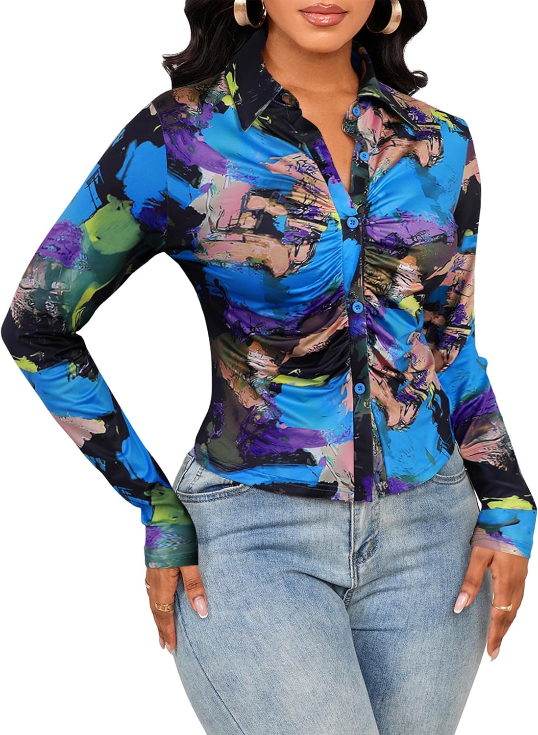 LovelyWholesale Women Sexy Button Down Shirts Long Sleeve Collared Tie Dye Tops - Image 6