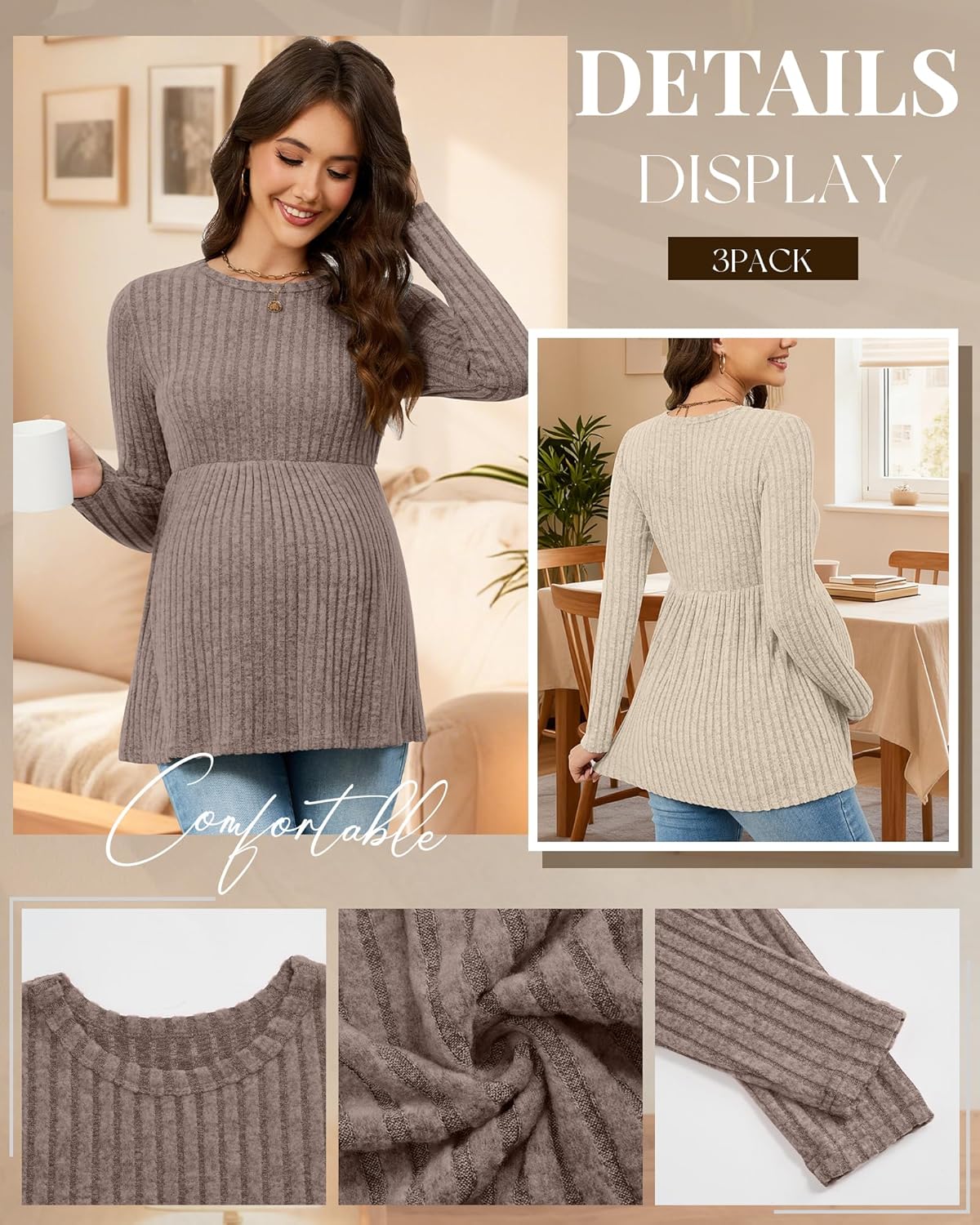 3 Pack Women's Maternity Shirts, Ribbed Long Sleeve Pregnancy Sweaters Tunic Pleated Tops Crew Neck Casual Blouses - Image 5