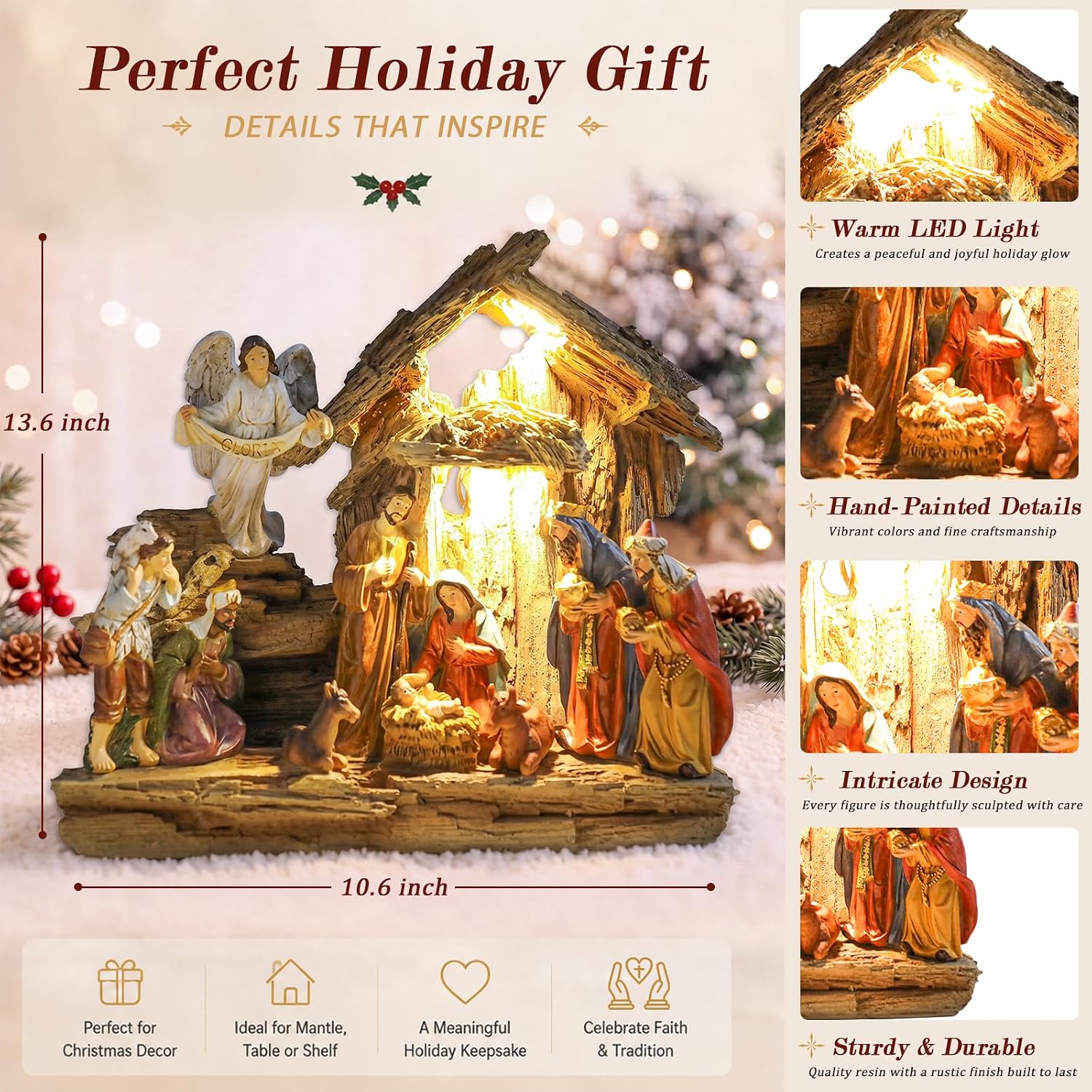 Nativity Scene Indoor, Nativity Set Holy Family Figurine for Christmas | Lighted Nativity Sets Adds Warm Light to the Holy Family for Christmas Displays on Mantels or Tabletops, Christmas gift
