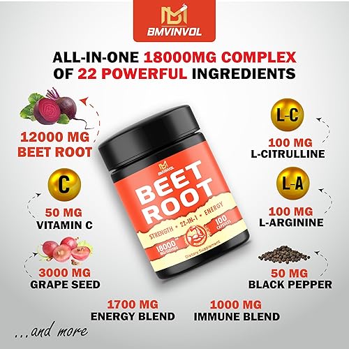 Miniatura 2 de BMVINVOL 100 cápsulas  Suplemento de raíz de remolacha de 18000 mg con L-arginina, L-citrulina, raíz de remolacha y más  Cápsulas de raíz de