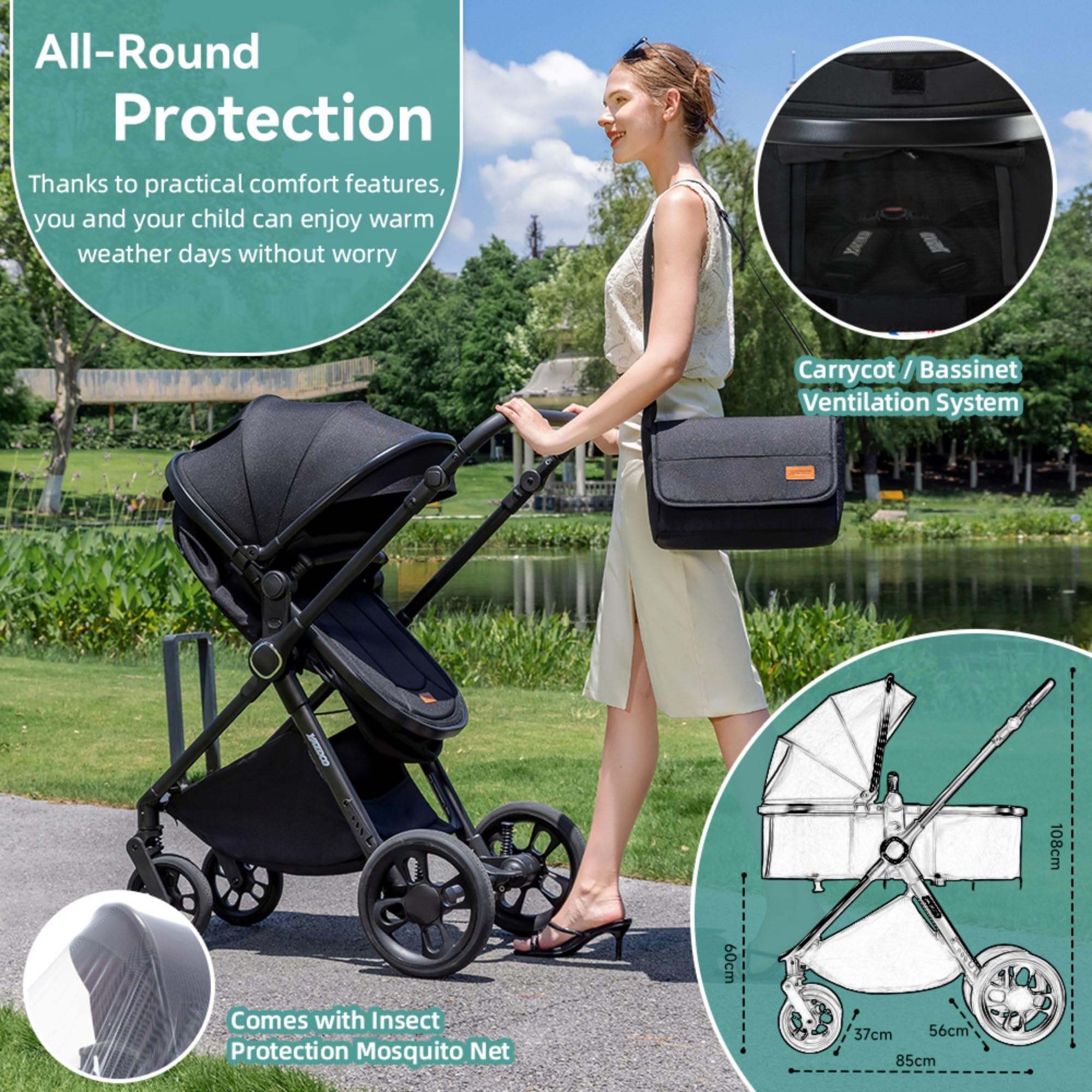 passeggino trio con ovetto I-SIZE passeggino 3 in 1 (Verde) | pieghevole trio passeggino neonati in offerta Borsa con pannolino