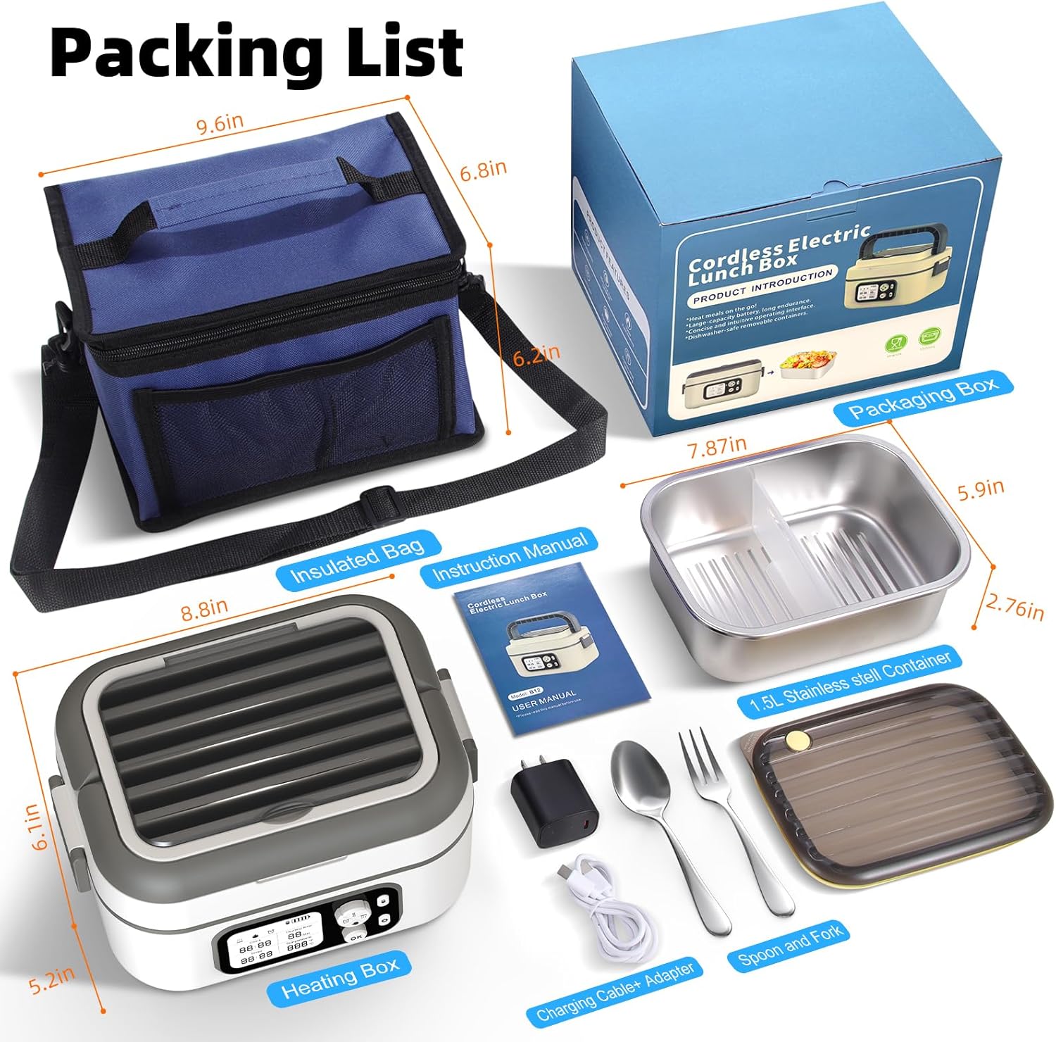 Dravel Electric Heated Lunch Box for Men, 6.3 Cup 100W Cordless Lunch Box Food Warmer with 24000mAh Battery for Self Heating, Including Cutlery, Insulated Bag and Divider for Women Adults(Grey+White) - Image 8