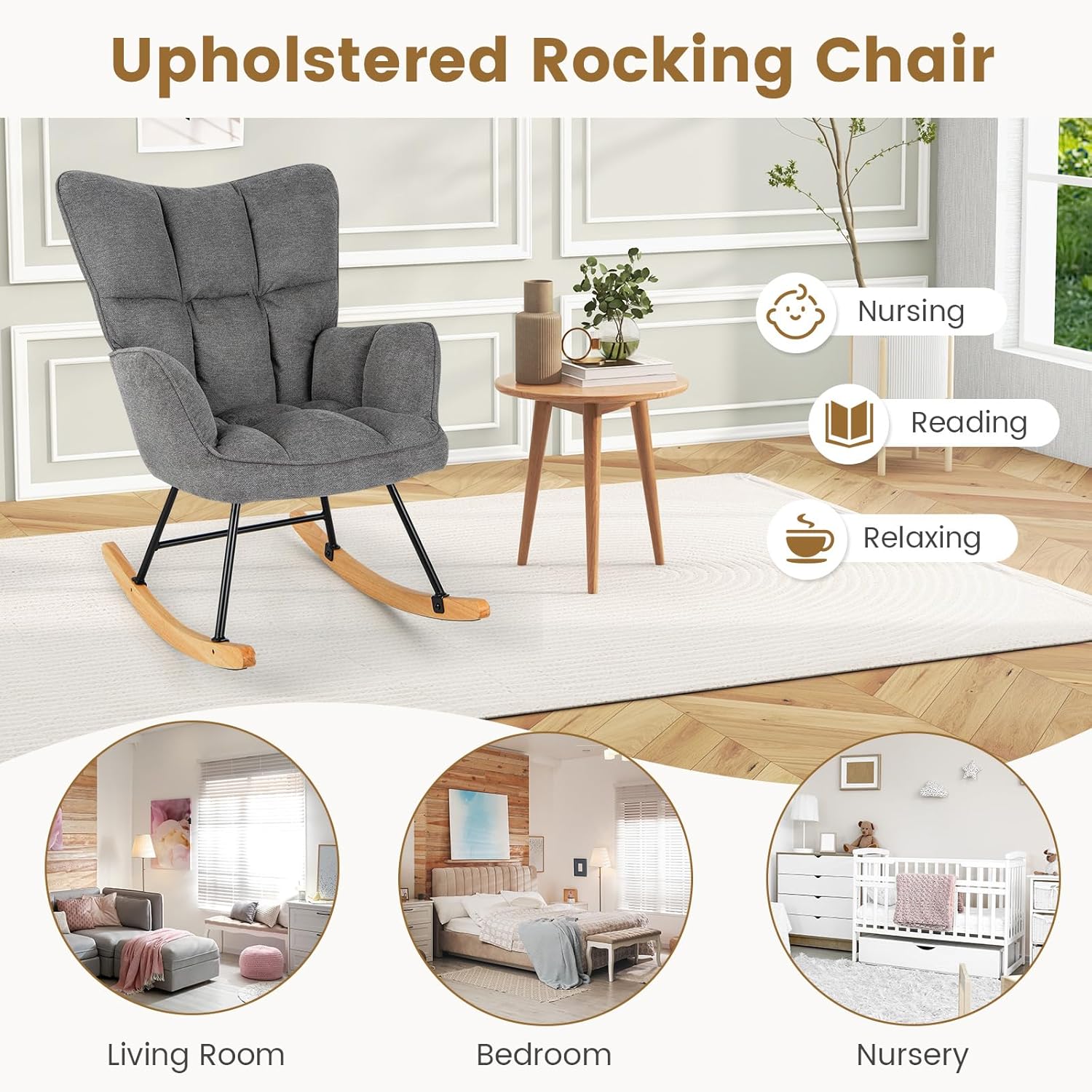 Giantex Linen Rocking Chair, Modern Accent Chair with Backrest, Padded Armrests & Seat, Upholstered Glider Rocker Armchair with Solid Metal & Wood Frame for Nursery, Living Room, Bedroom (Dark Grey)