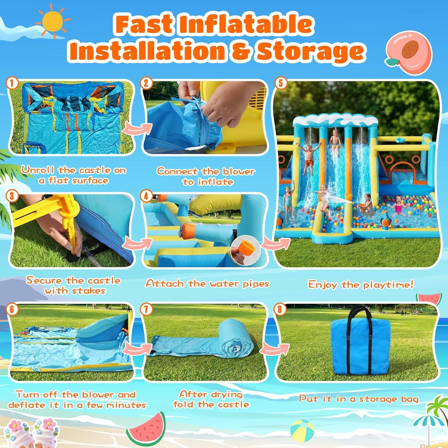 FBSPORT Aufblasbare Hüpfburg mit Gebläse,wasserpark hüpfburgen mit Wasserrutsche, Planschbecken, Sprungbereich & Kletterwand, für Innen- und Außenbereich