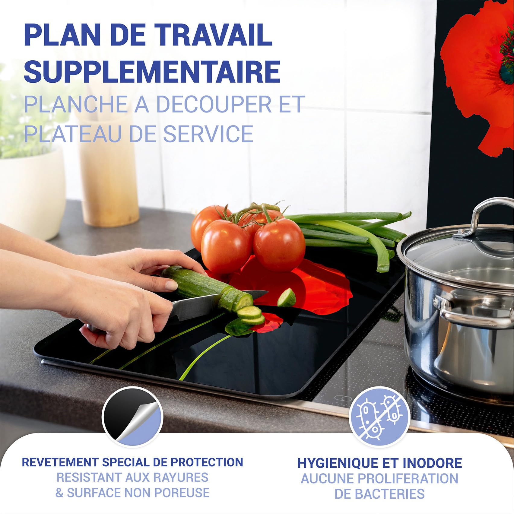 WENKO Plaque de Recouvrement Universelle Mod. Coquelicot, réglable en hauteur pour tout type de cuisinière, planche à découper et protection anti-éclaboussures, verre, 30 x 52 cm, 2 pièces