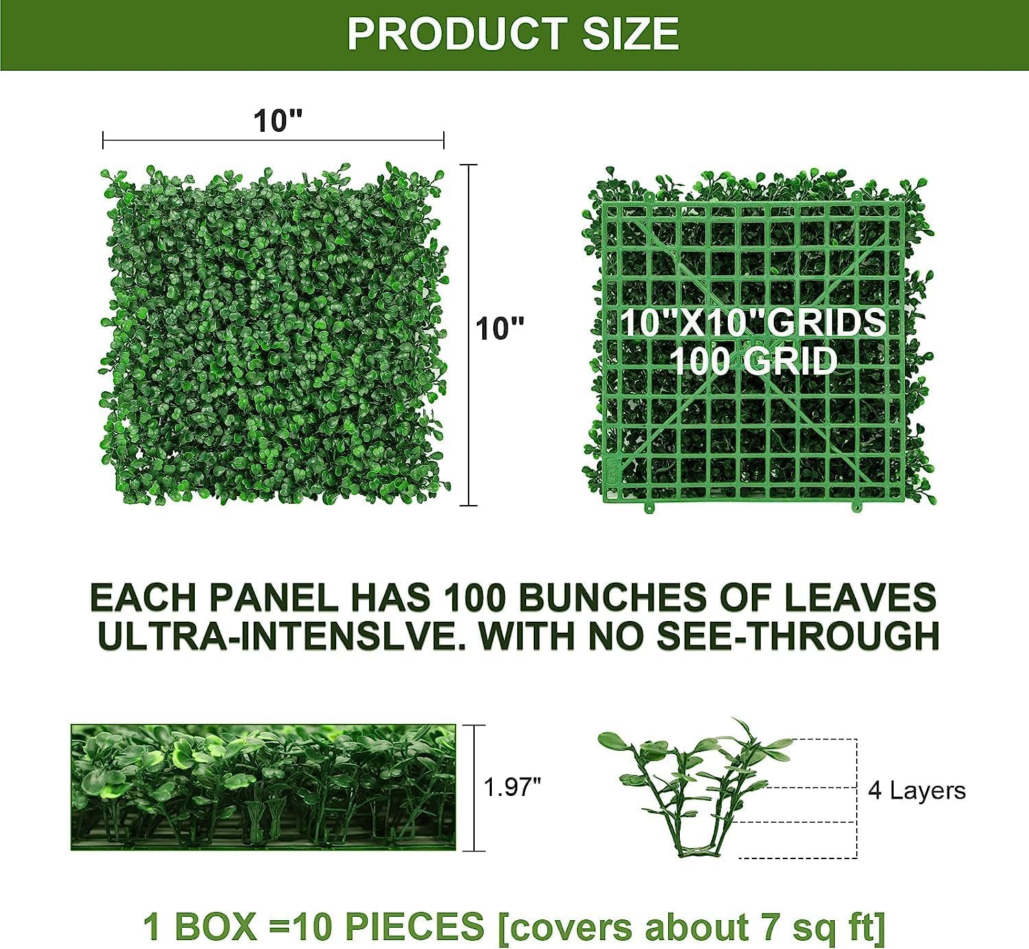 MOOACE Artificial Grass Wall Panel, 10"x 10" 10P Greenery Boxwood Panels for Indoor Outdoor, 4 Layer UV-Anti Green Wall Decor Backdrop Covering Privacy Fence Panel Screen