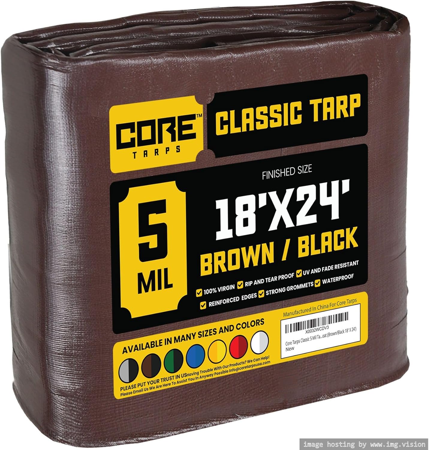 Core Tarps Classic 5 Mil Tarp Cover, Waterproof, UV Resistant, Rip and Tear Proof, Poly Tarpaulin with Reinforced Edges for Roof, Camping, Patio, Pool Cover, Boat (Brown/Black 18 X 24)