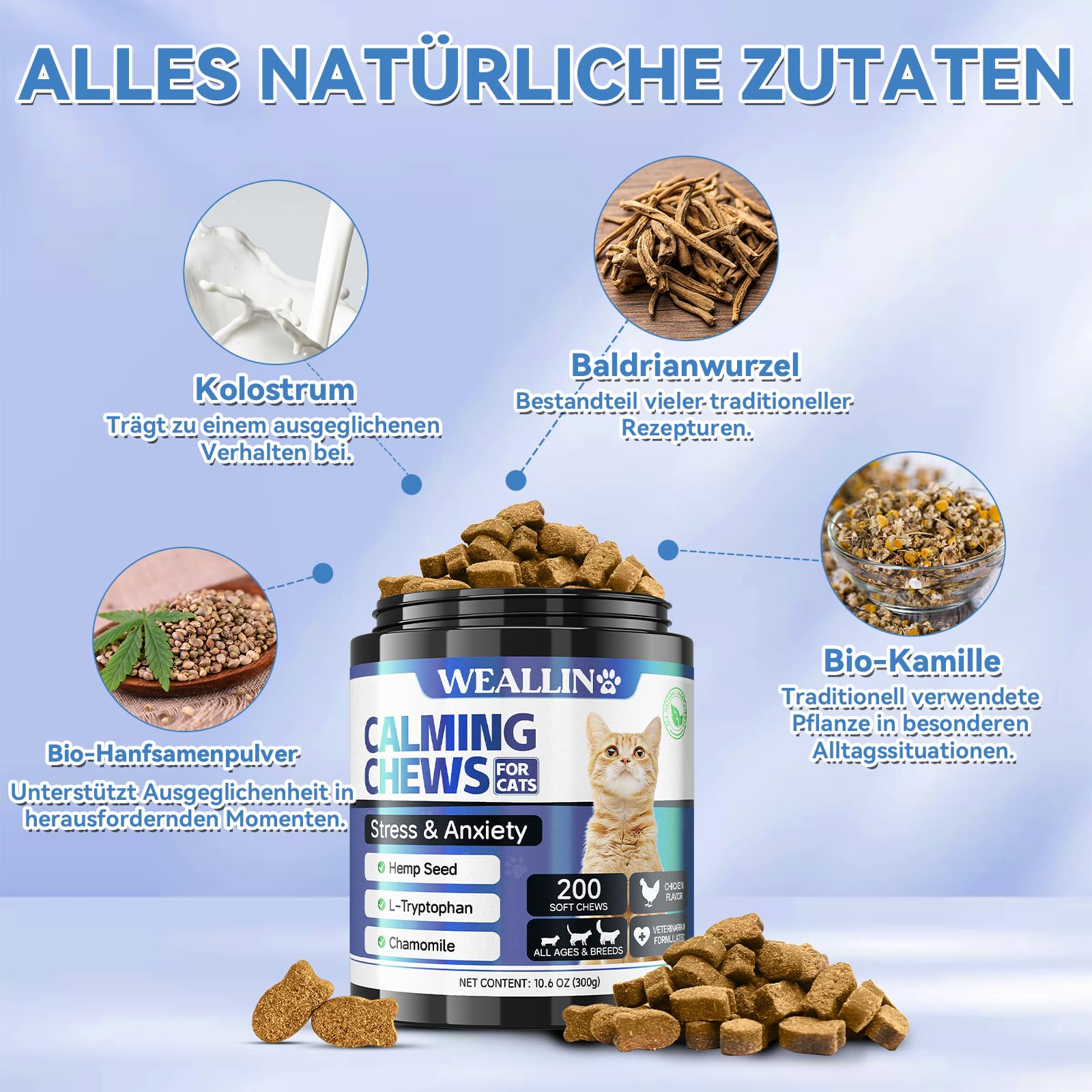 WEALLIN Beruhigungsmittel für Katzen, 200 Natürliche Leckerlis für Entspannung, Hilft bei Unruhe, Trennung, Tierarztbesuchen, Reisen, Lauten Geräuschen, Hähnchen Geschmack, Alle Rassen & Größen