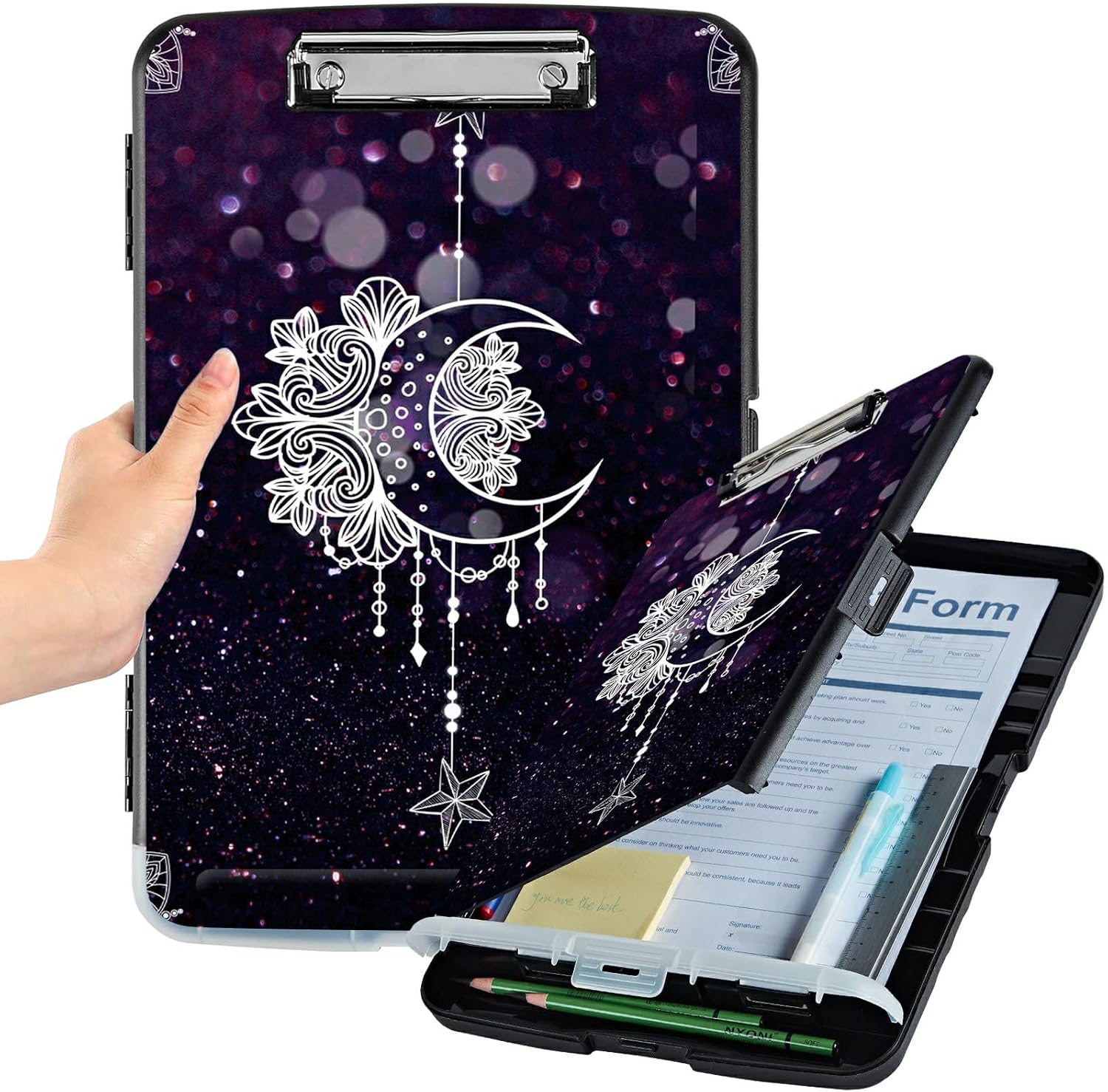 File Clipboard Storage with Pen Holder High Capacity Plastic Nursing Clipboards File Folder Storage Box Clipboard with Heavy Duty Clips for Teacher,Doctor,Offices-Moonflower