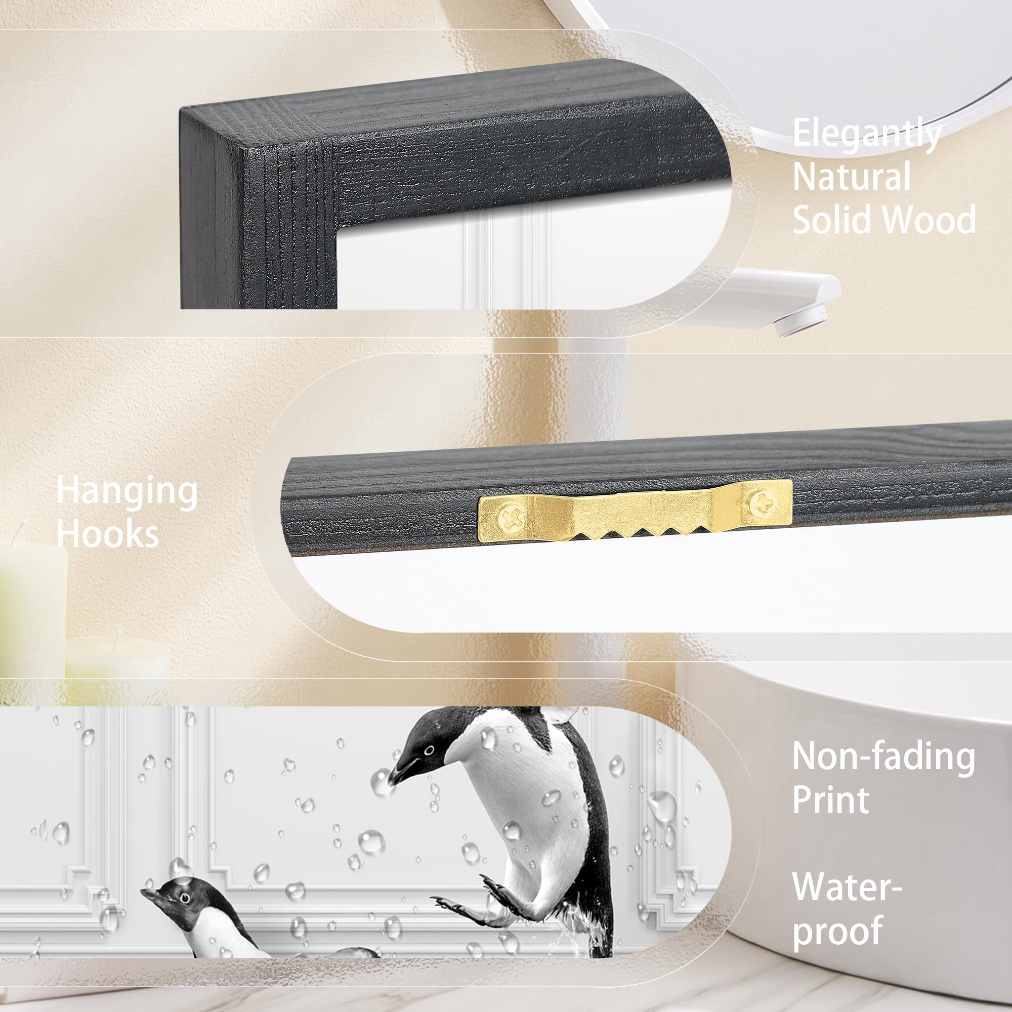 Heiple Set of 3 Framed Bathroom Wall Art Funny Penguin, Cow & Elephant for Funny Bathroom Wall Decor Hanging Farmhouse Home Bathroom Decor Sets Vintage Humor Animals Wall Art Bathroom (8"x10",Black)