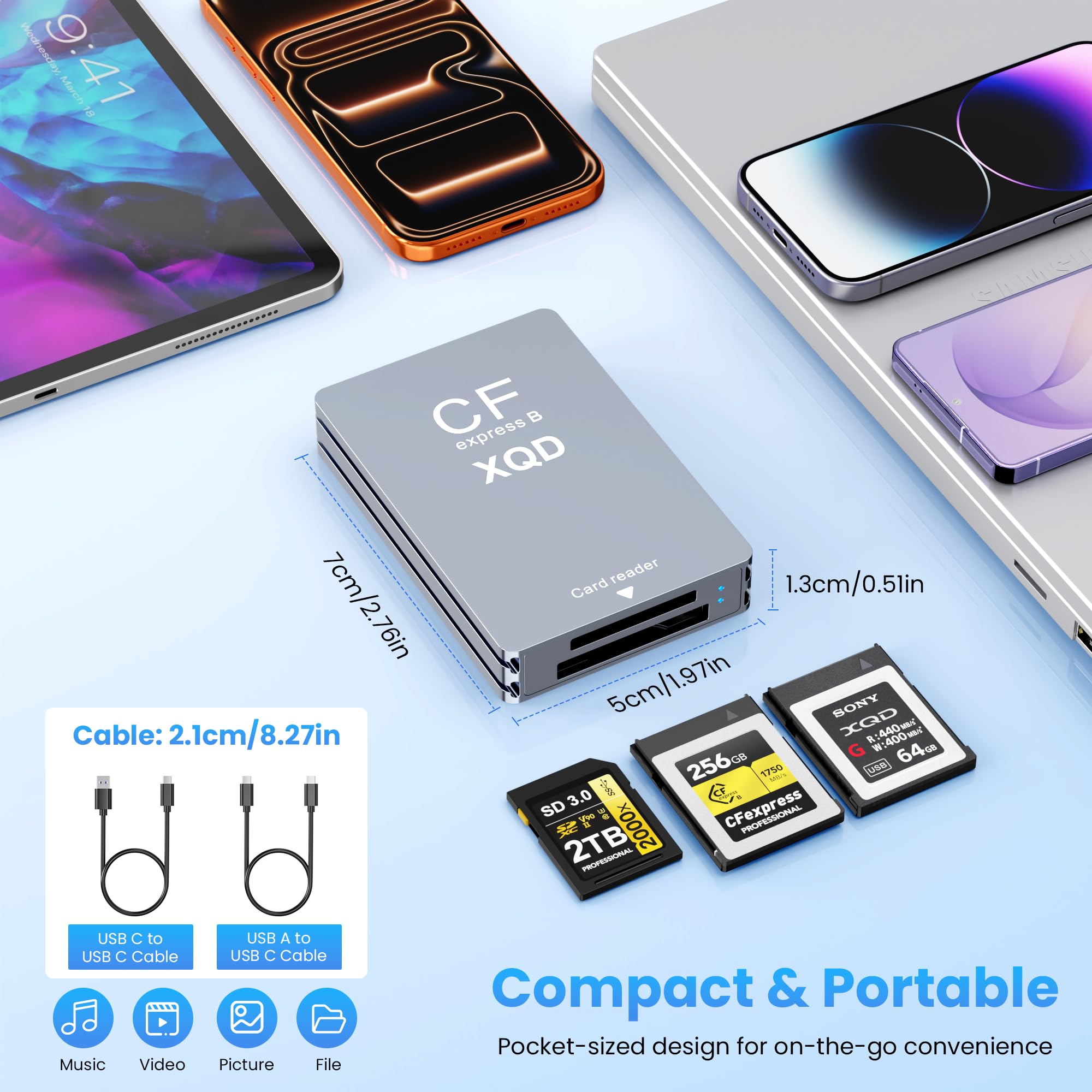 Lector de tarjetas 3 en 1, CFexpress tipo B/XQD/SD, 10 Gbps USB3.1 Gen2, aluminio, cable USB-A/C, para Windows/Mac/Linux/Android