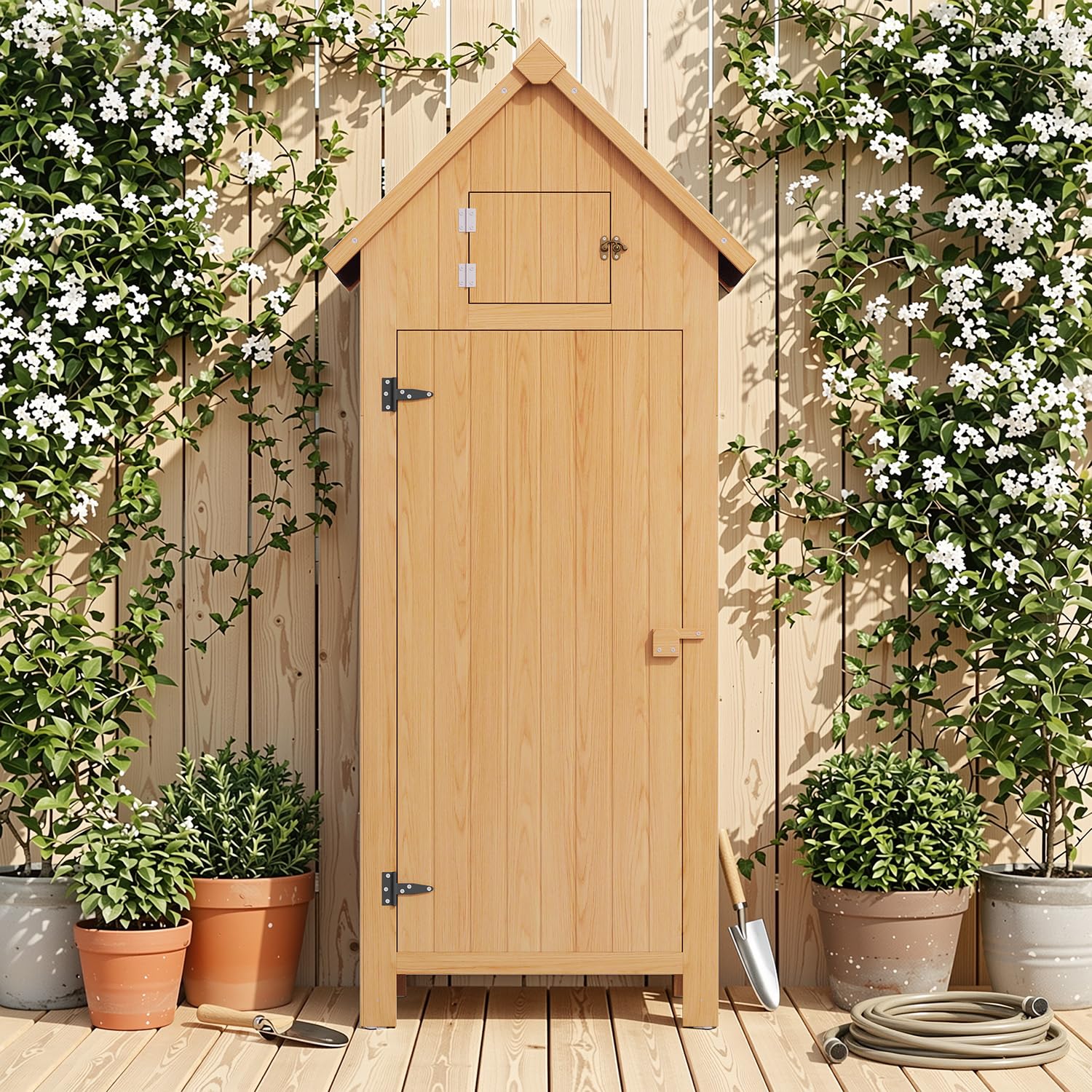 Armoire de Jardin en Bois, Abri à Outils avec Étagères, Rangement pour Outils de Jardin Ventilé à Toit en Bitume, Adapté pour la Pelouse, 77x54,2x179cm, Naturel