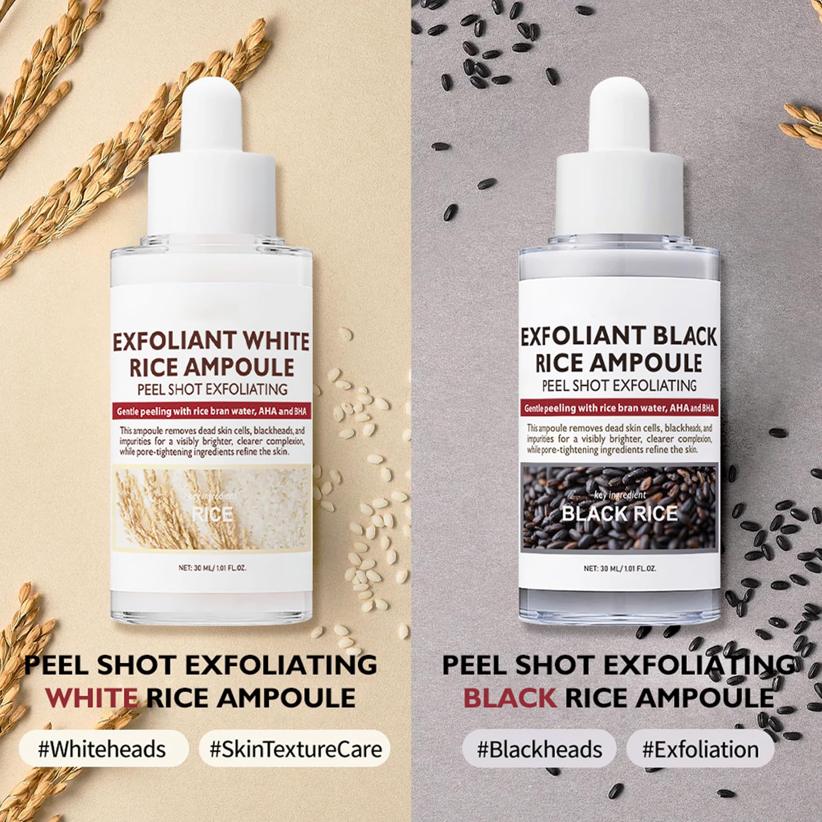 Black and White Rice Exfoliant, 2PC Peel Shot Glow Rice Ampoule Duo White Rice + Black Rice Ampoule - Image 3