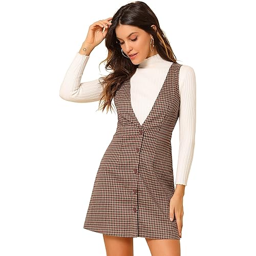 Allegra K Women's Overalls Suspenders Halloween V Neck Plaid Houndstooth Pinafore Dress