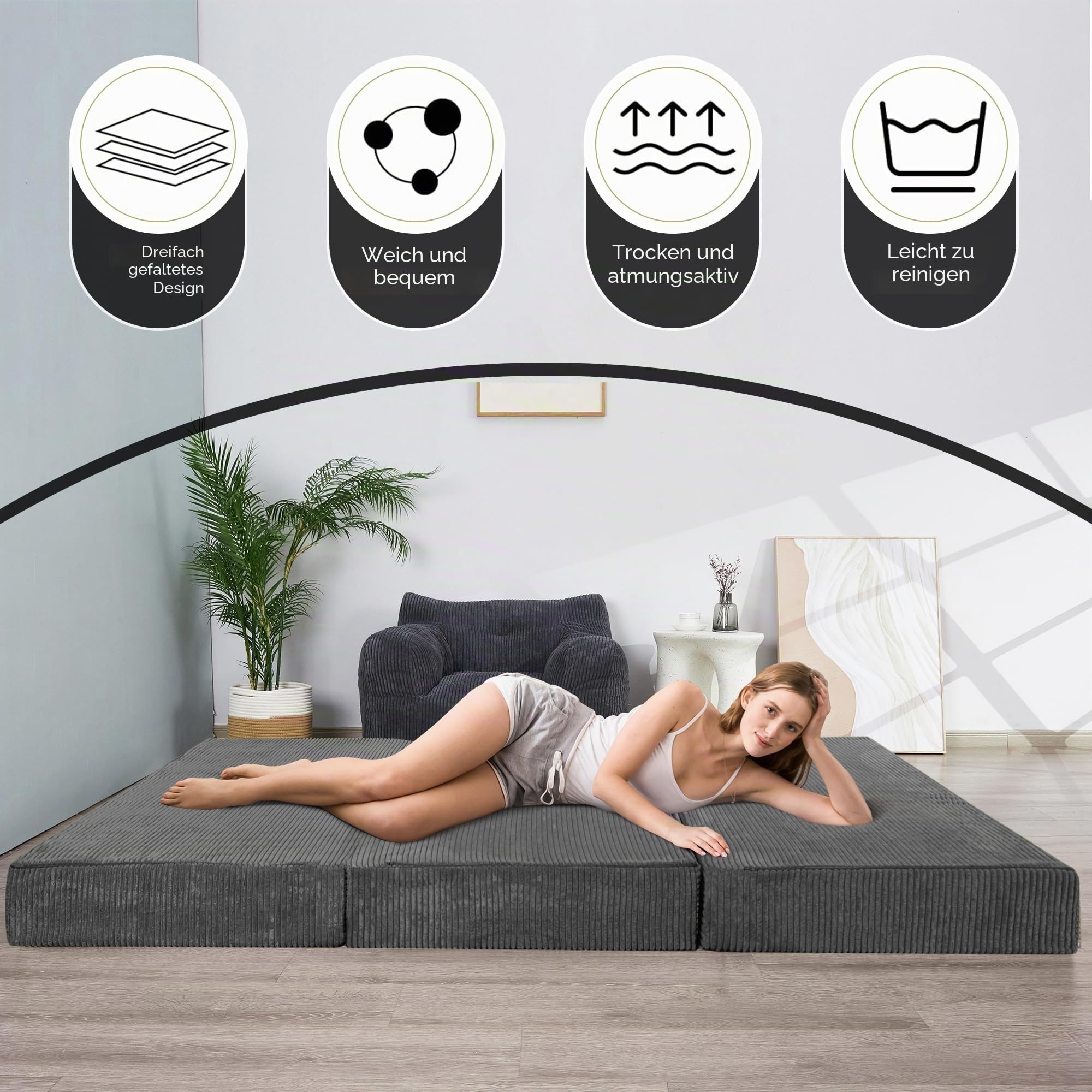 MAXYOYO Klappbare Cord-Matratze, dreifach Faltbare Bodenmatratze, 15 cm dick, mit waschbarem Bezug, in DREI Teile faltbar, platzsparend für Gäste (Anthrazit, Doppelbett)