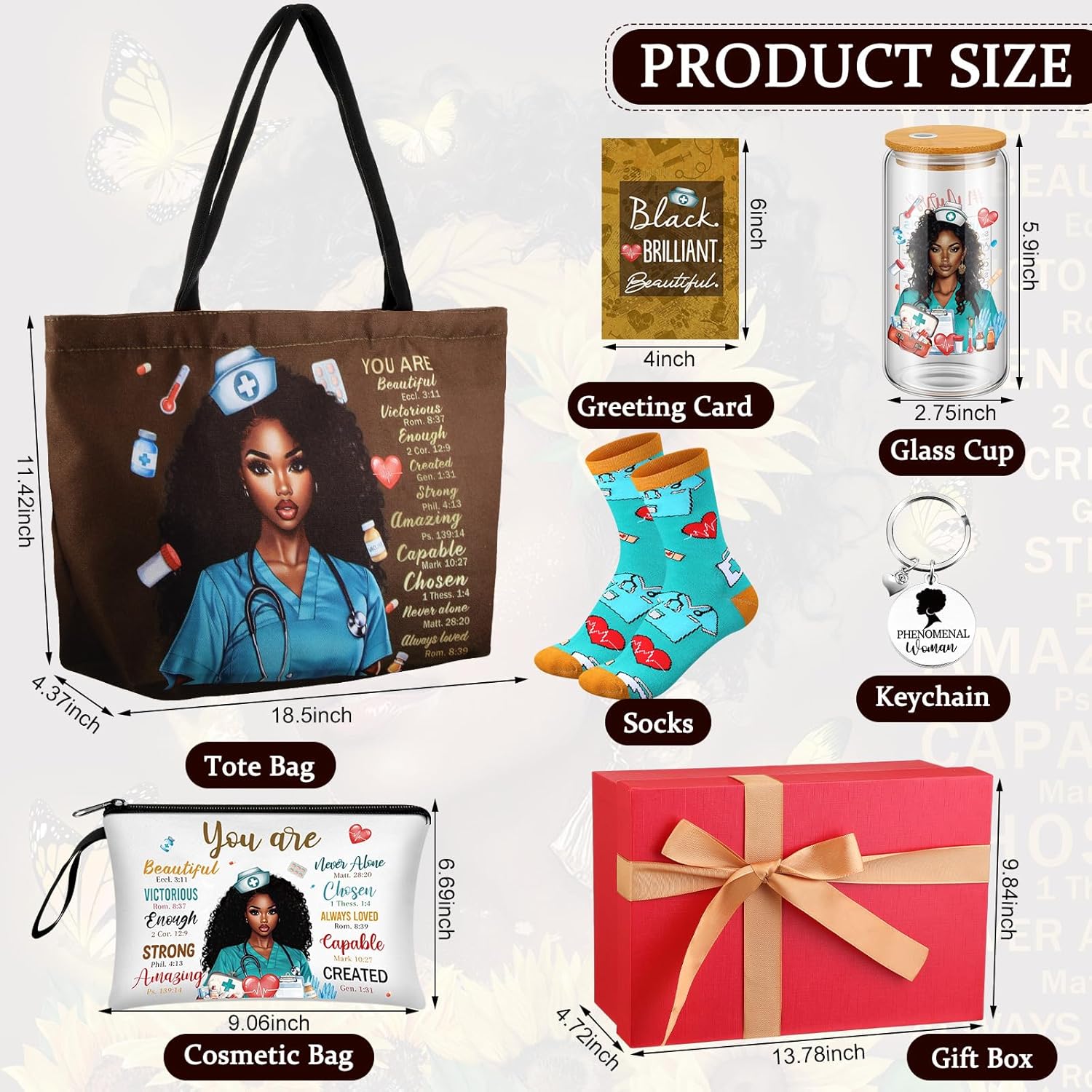 African American Gifts Set for Women - African American Tote Bag, Makeup Bag, Glass Cup, Socks, Keychain and More for Black Mom Friends Birthday Graduation Mother's Day Present(Nurse)