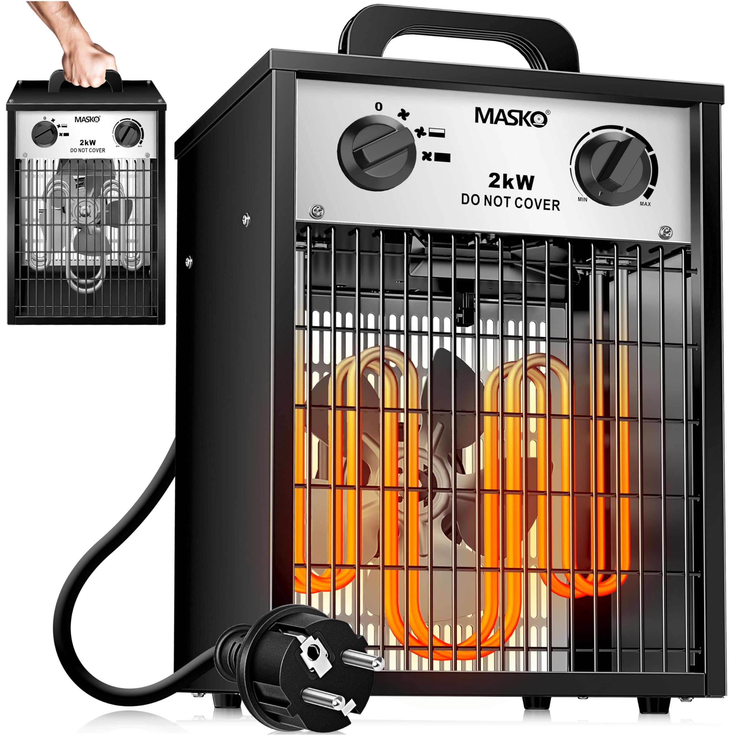 Masko® Riscaldatore elettrico 2 KW con termostato, 2000 Watt, 3 livelli riscaldamento, uso interno-esterno, protezione sovraccarico, ventilatore bianco