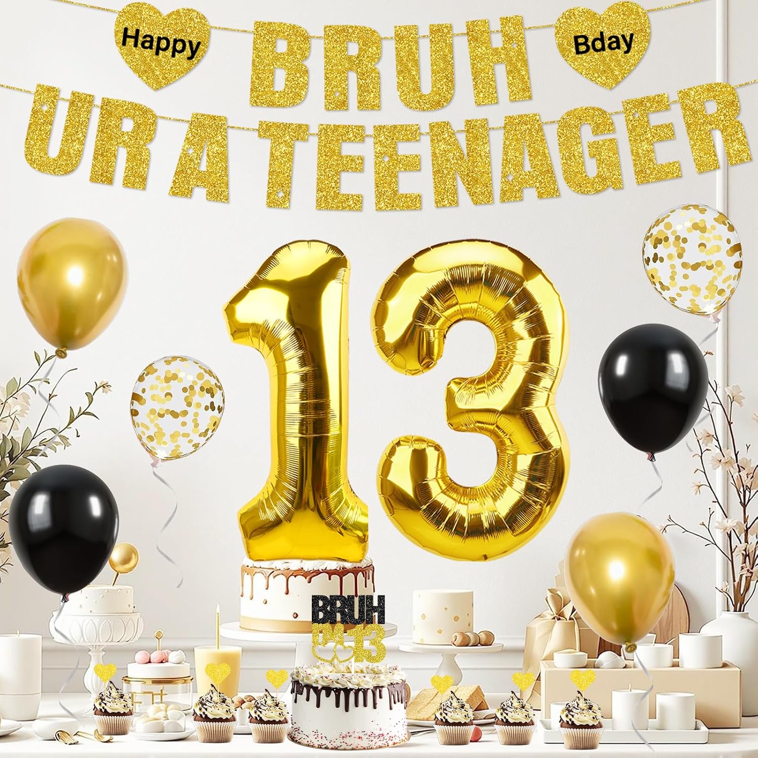 13th Birthday Party Decorations for Boys, Pre-Strung BRUH UR A TEENAGER Banner Black Gold Foil Balloons Latex Balloon Cake Cupcake Toppers, 17pcs 13 Years Old Birthday Party Favor Supplies