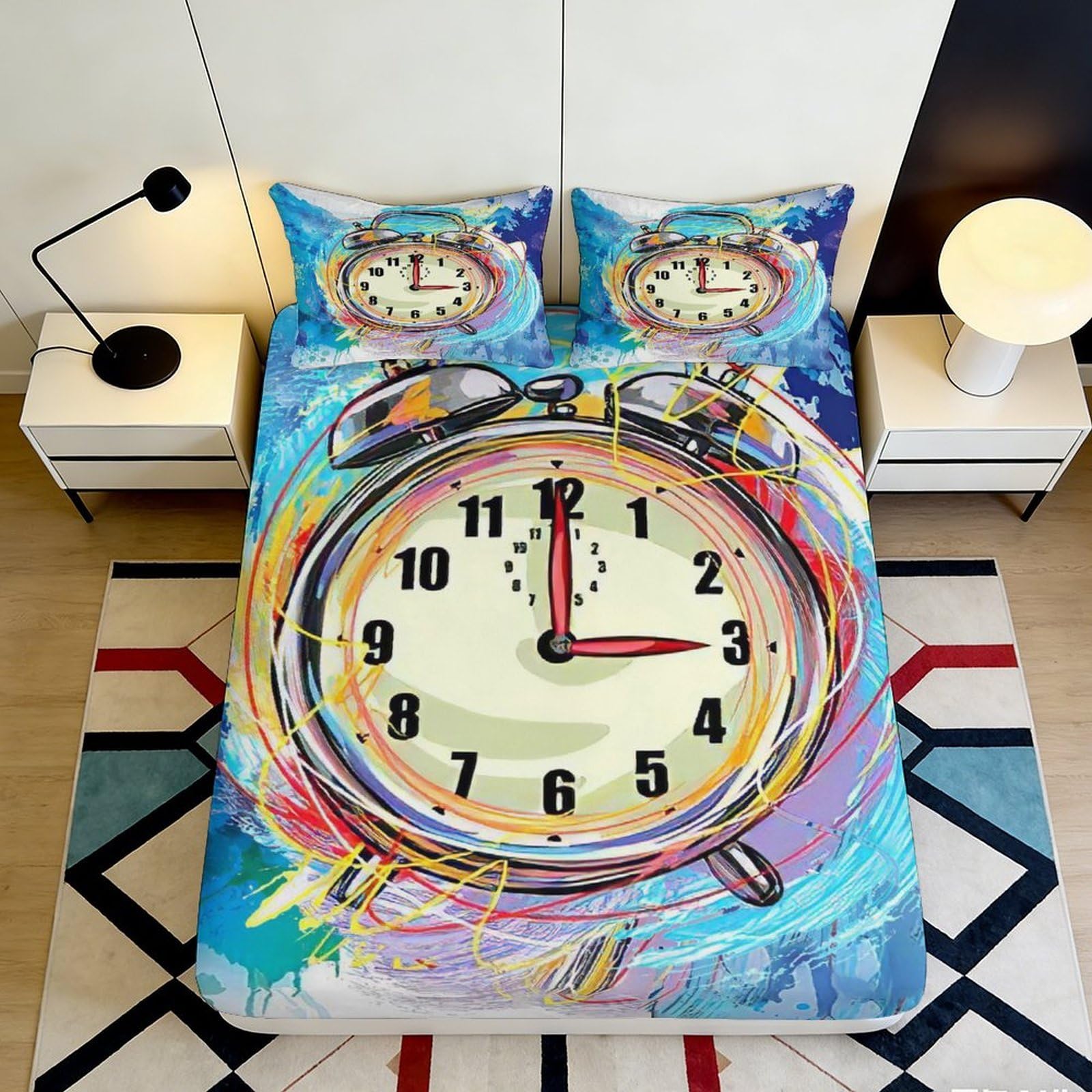 3D Printed Alarm Clock Fitted Sheet Microfiber Deep Pocket Bedding Set Alarm Clock Mattress Fitted Cover Full Wrap Non-Slip Washable for Home 140x200x25cm