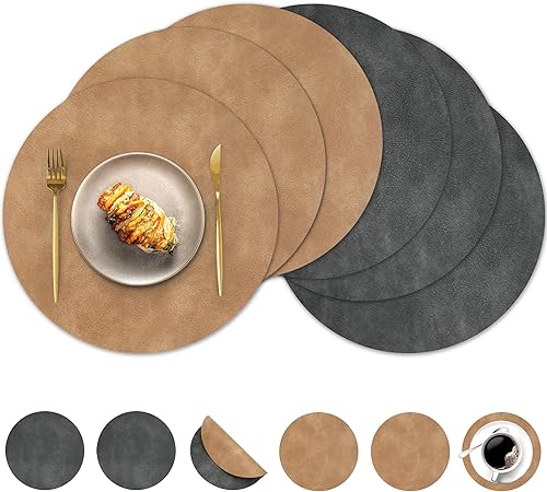 Miniatura 18 de Juego de 6 manteles individuales redondos y posavasos, manteles individuales reversibles lavables de cuero sintético con patrón de cuero de vaca,