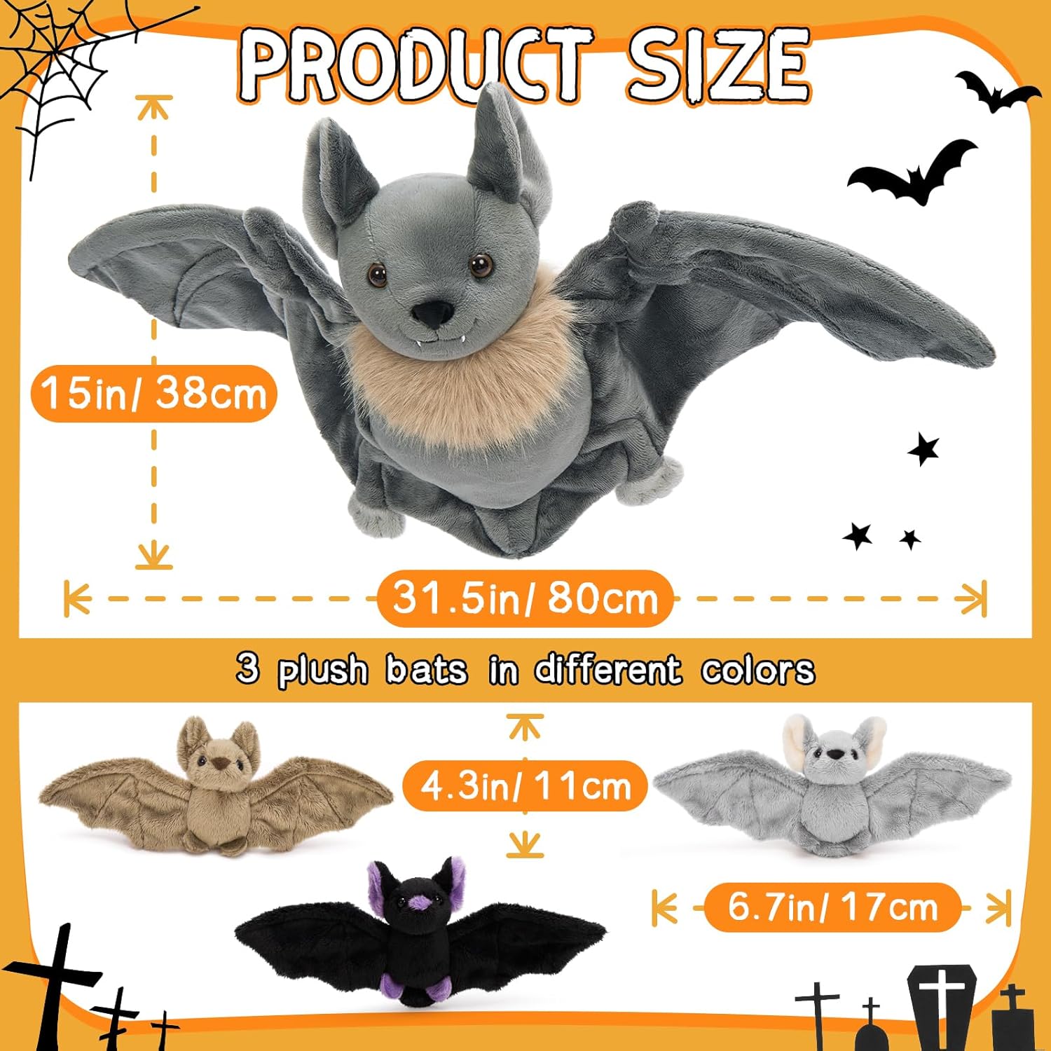 Tezituor 4Pcs Realistic Bat Stuffed Animals Set, 32inch Large Mommy Stuffed Bat with 3 Cute Babies for Boys Girls, Hugging Soft Goth Bats Plush Toy Gift for Halloween Christmas Party