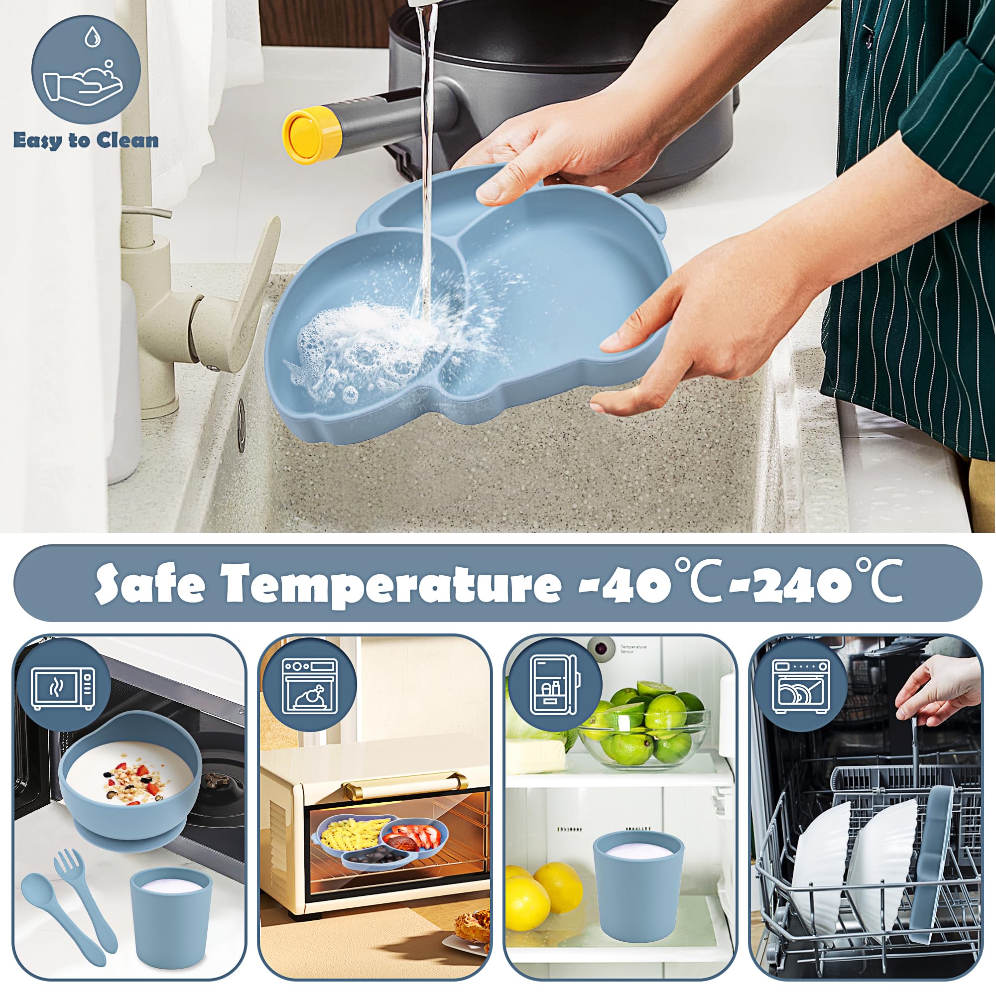 Set Pappa Svezzamento per Bambini 6 Pezzi Set Svezzamento Silicone Piatto con Ventosa Bavaglino Cucchiaio Forchetta Senza Tazza BPA Set Pappa Antiscivolo per Neonato Bimbo, Blu