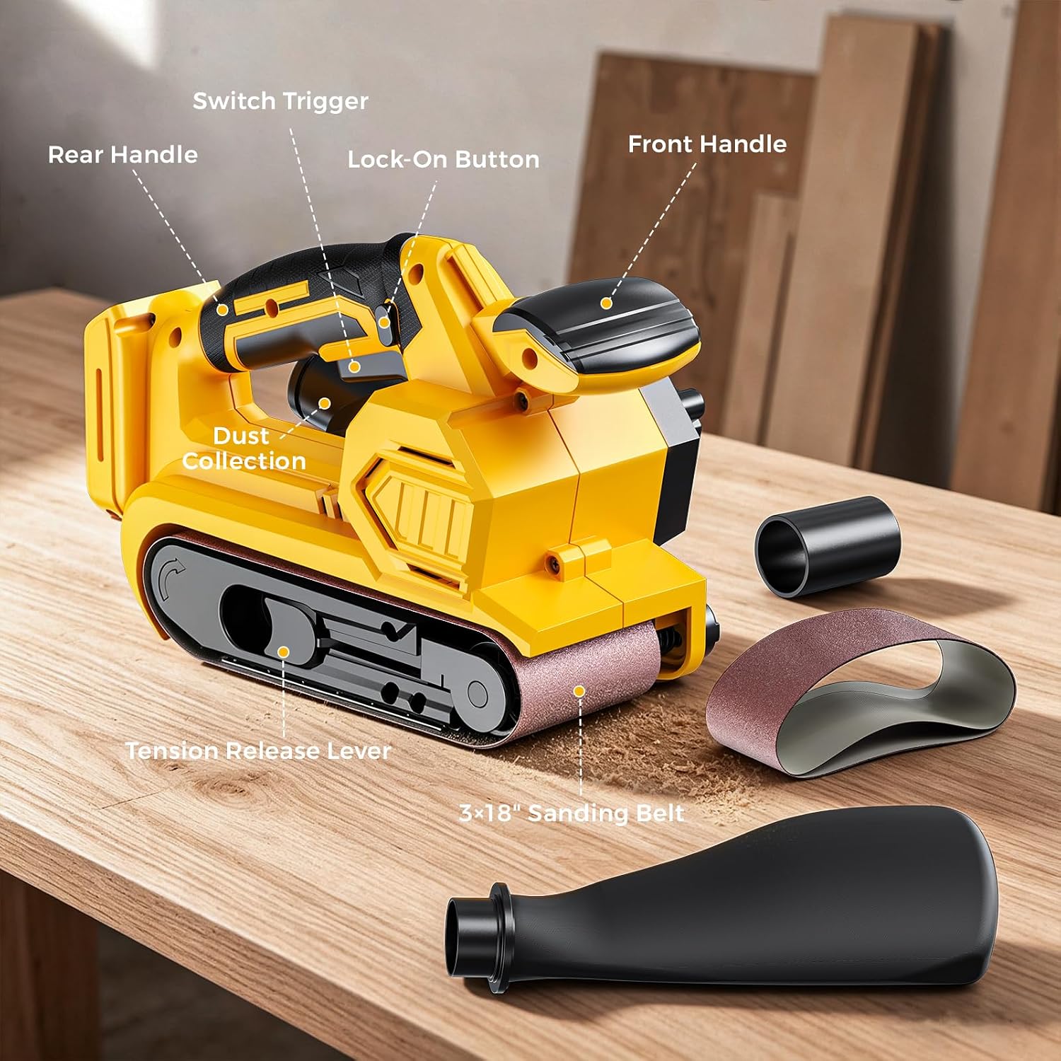 Ecarke Cordless Belt Sander Compatible with DeWalt 20V Battery (Tool Only) 3x18" Bench Sander with Variable Speed (120-380 m/min), with Dust Bag & 3 Sanding Belts(80/120/320 Grit) for Woodworking