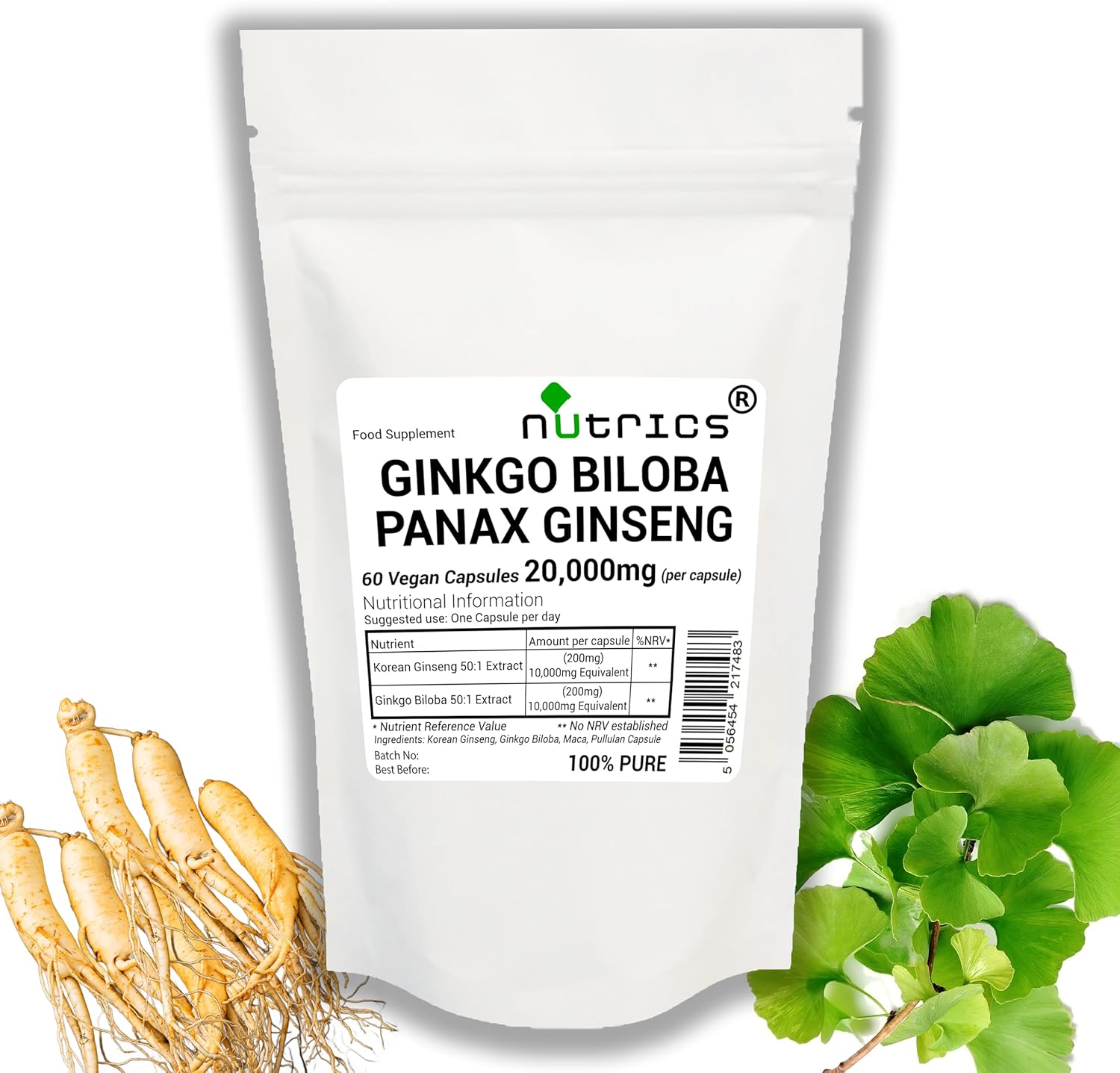 20,000mg Ginkgo BILOBA & Korean Ginseng 60 V Capsules100% Pure Strong One A Day – Vegan Vegetarian – 60 Capsules (2 Months Supply)