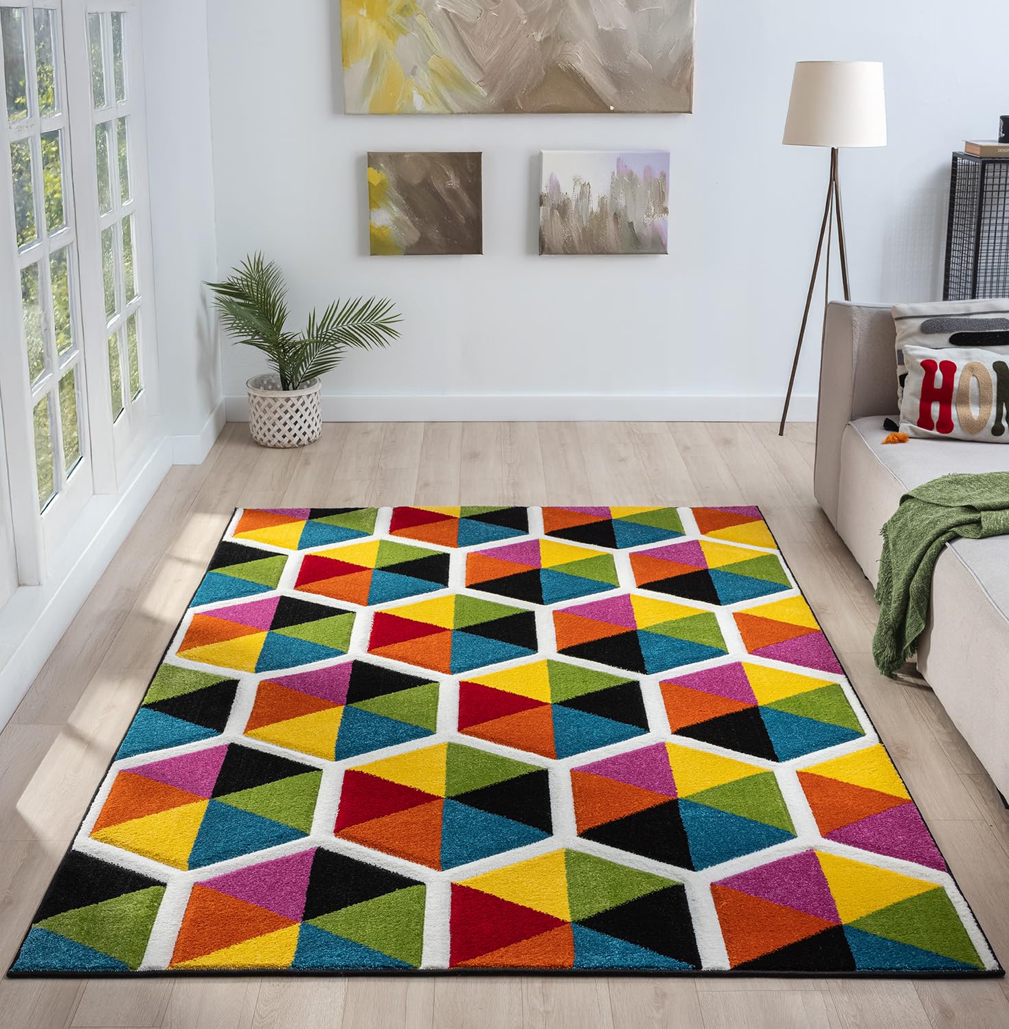 Lord of Rugs Quality Handcarved Geometric Design Rainbow Multi Coloured Rug Sanibel Multi, Small 80x150 cm (2'6"x5')