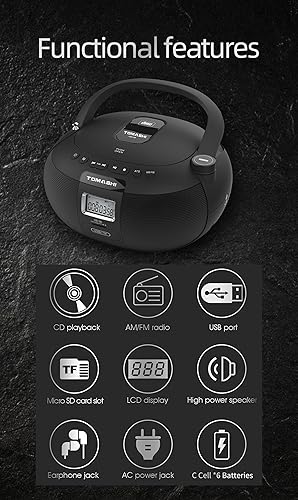 Miniatura 3 de Reproductor de CD CD-50 Boombox en Reproductor de CD portátil negro | Sonido estéreo | Pantalla LCD | Unidad de tarjeta USB/TF compatible | Conector