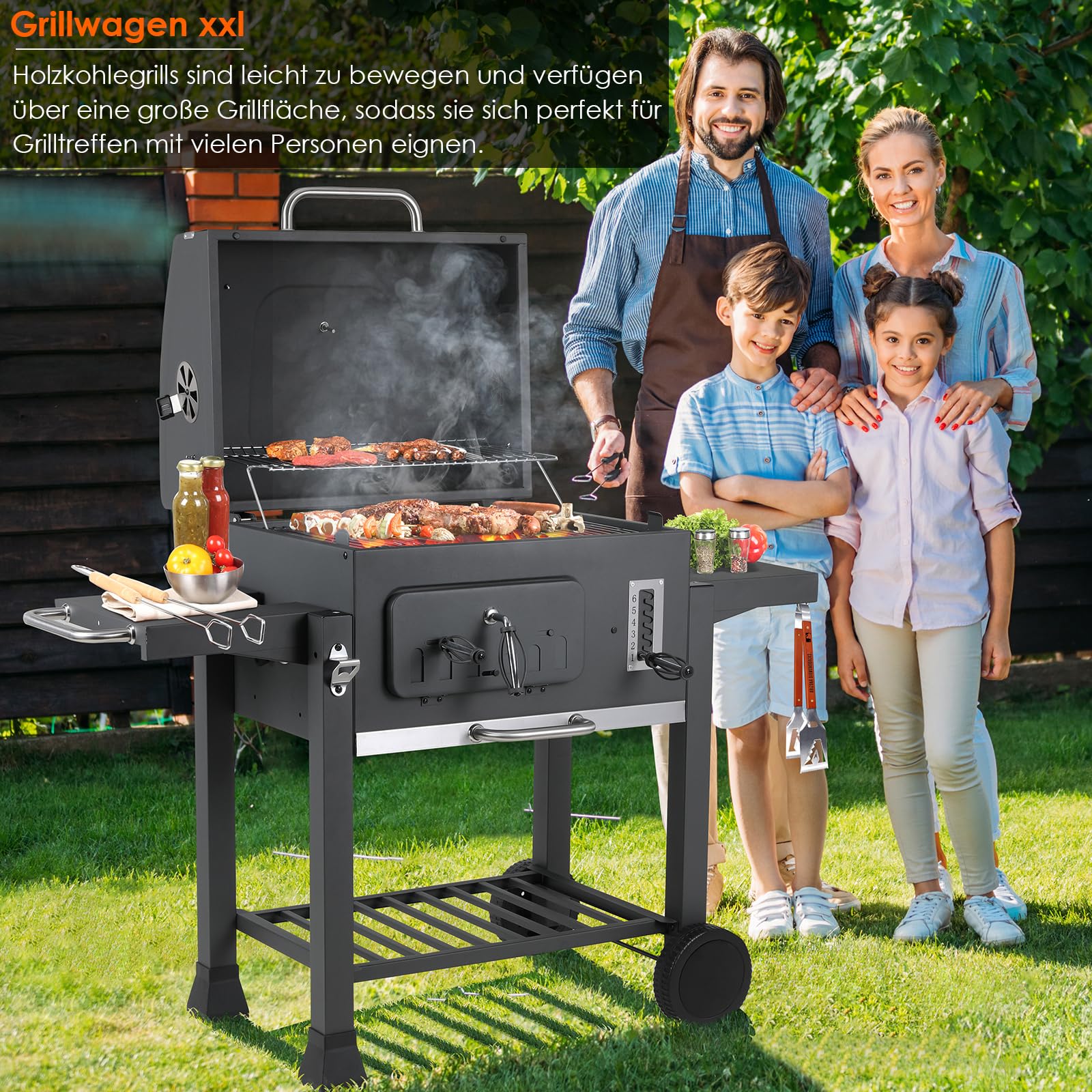 TLSUNNY Barbecue Carbonella XXL con Coperchio e Termometro, Ripiani Pieghevoli, Griglia BBQ Carbonella Grigio