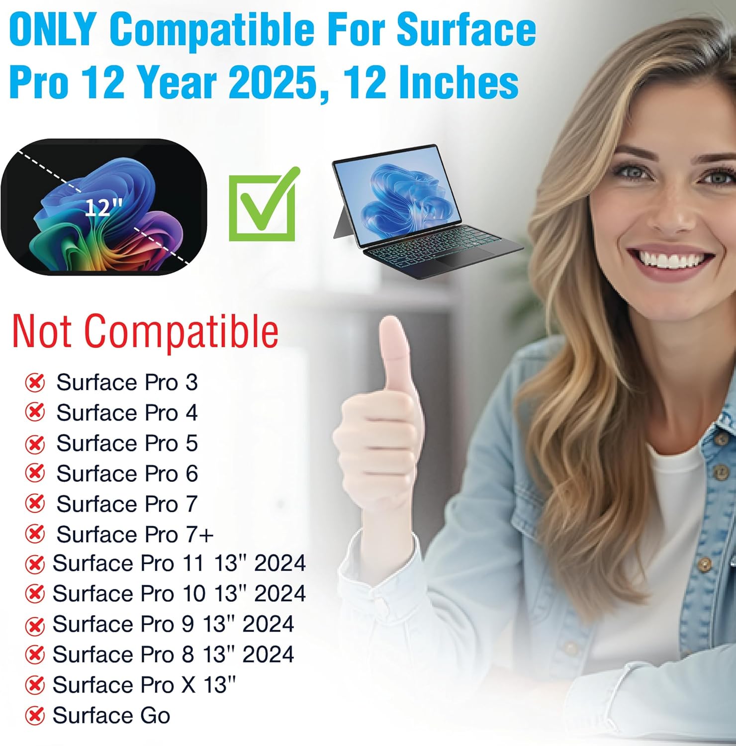 Surface Pro 12 Keyboard Case, Bluetooth Wireless Magnetic Detachable Type Cover with 7 Color Backlit Keys, Multi-Touch Trackpad, Smart Sleep Wake, Ultra Slim Rechargeable for Microsoft Surface Pro 12"
