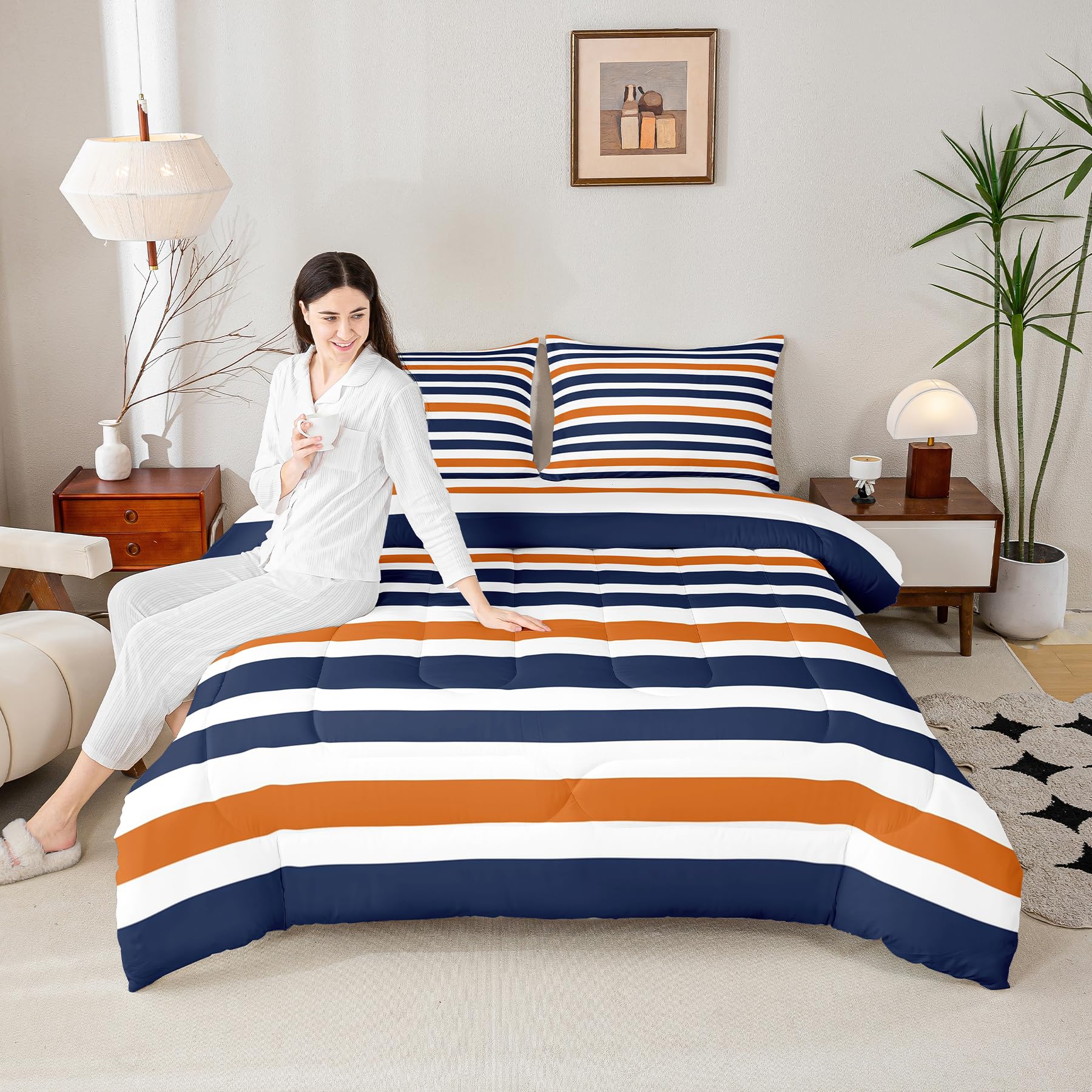 Stripe Art Comforter Set for Teens Blue and Orange Bedding Set Modern Simple Bedding Home Decor for Kids Comforter Twin Size 2 Pcs Stripes Quilted Duvet Set 1 Comforter with 1 Pillowcase
