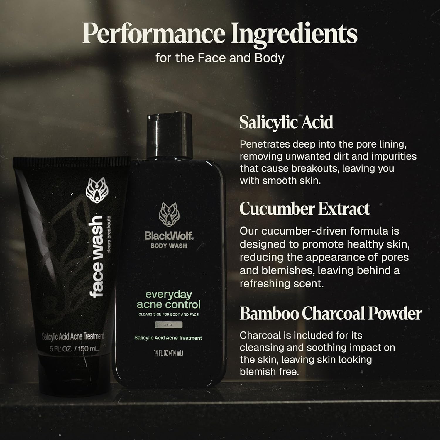 Black Wolf Charcoal Powder Face and Body Wash Bundle for Oily Skin, Deep Clean- 2pc Bundle- Charcoal Powder and Salicylic Acid Reduce Acne Breakouts and Cleanse Your Skin- Gift Set for Men