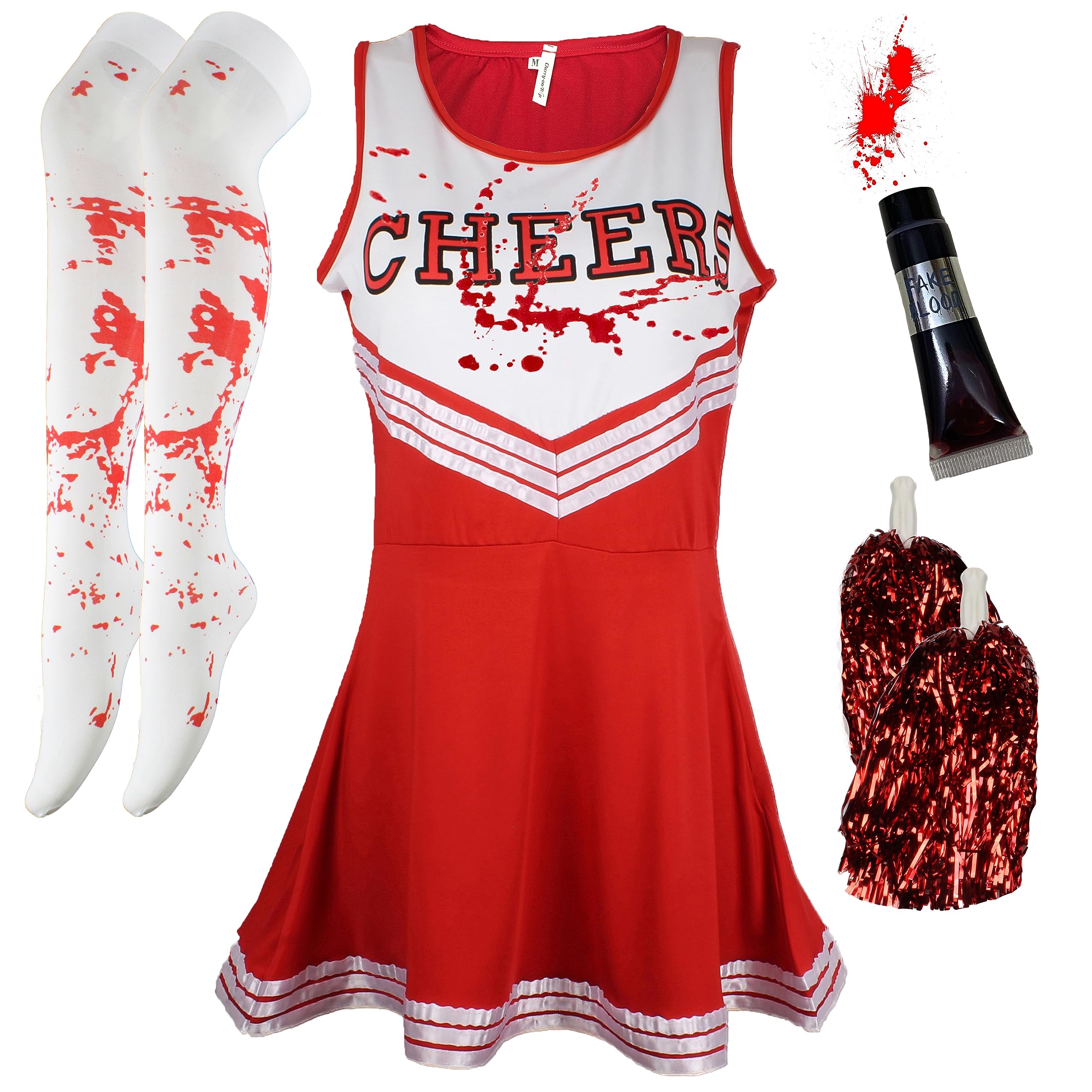 Zombie Cheerleader Costume Girls Scary Dead Cheerleader Halloween Costume Kids Small Includes Bottle of Blood Pom Poms and StockingsRed