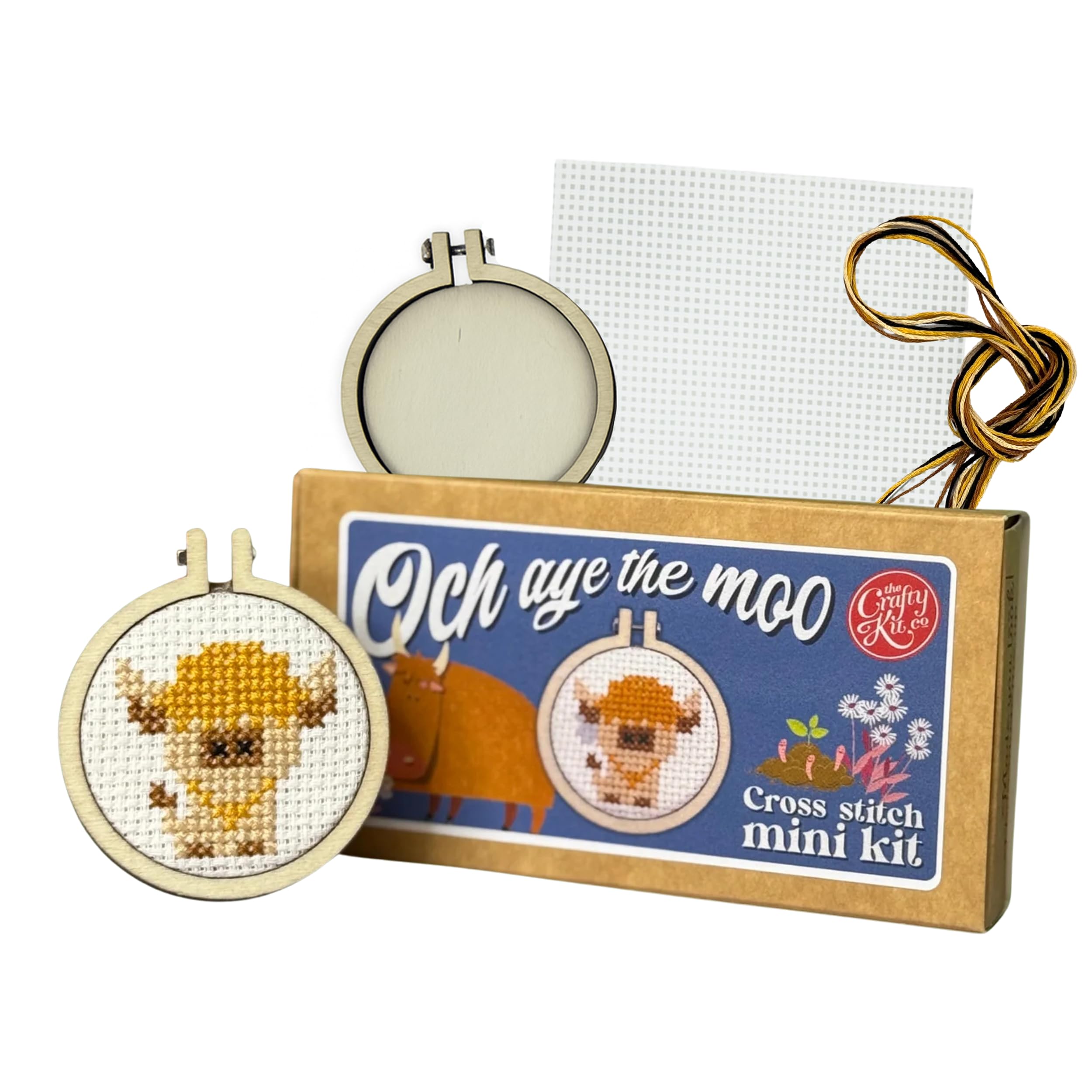Och aye the moo (Highland Cow) - Mini Matchbox Cross Stitch Kit With Hoop By the