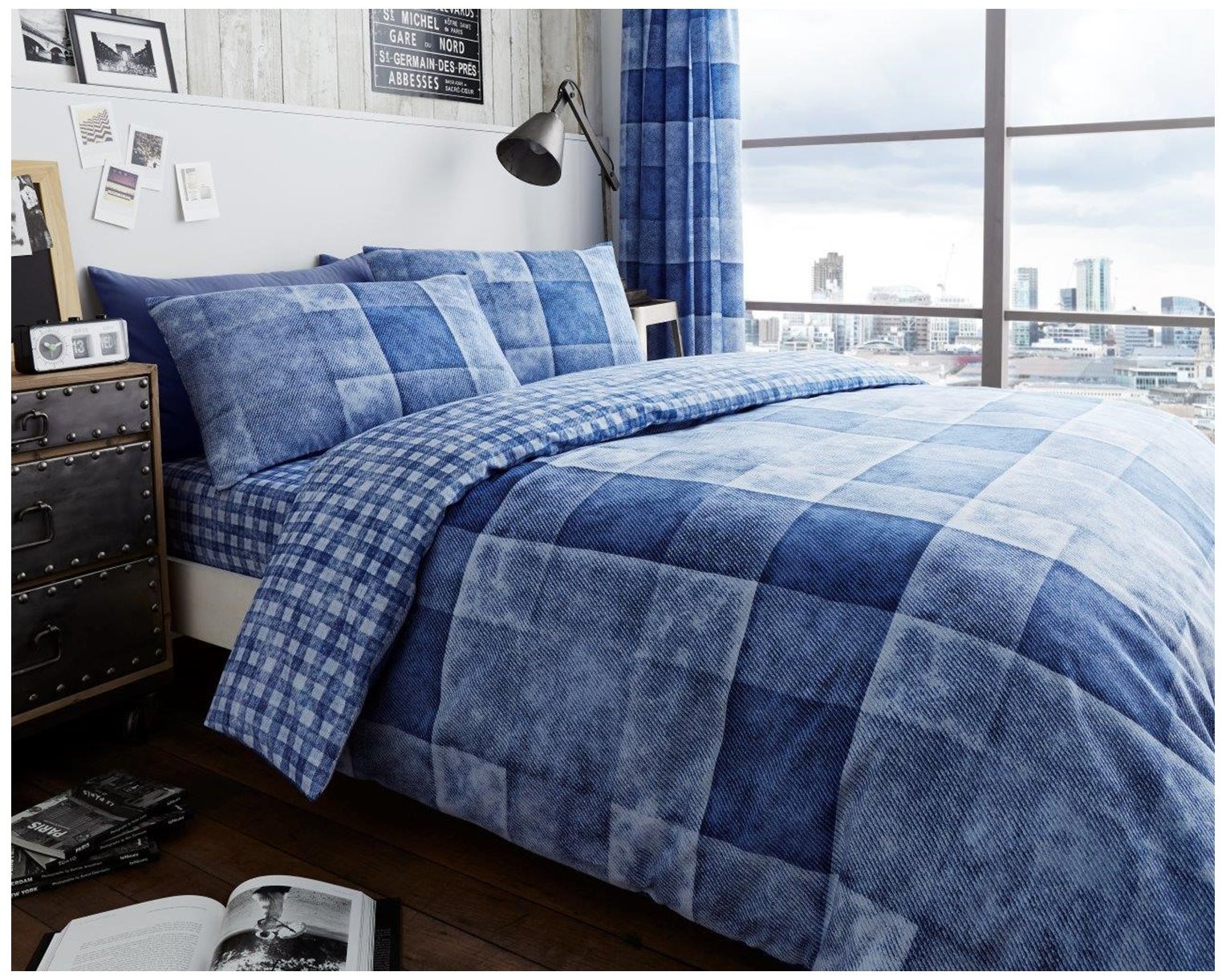 Gc Gaveno Cavailia Denim-Blue Soft & Cosy Check Double Quilt Cover, Luxury Reversible Checked Quilt Bedding Set, Denim Check, Blue