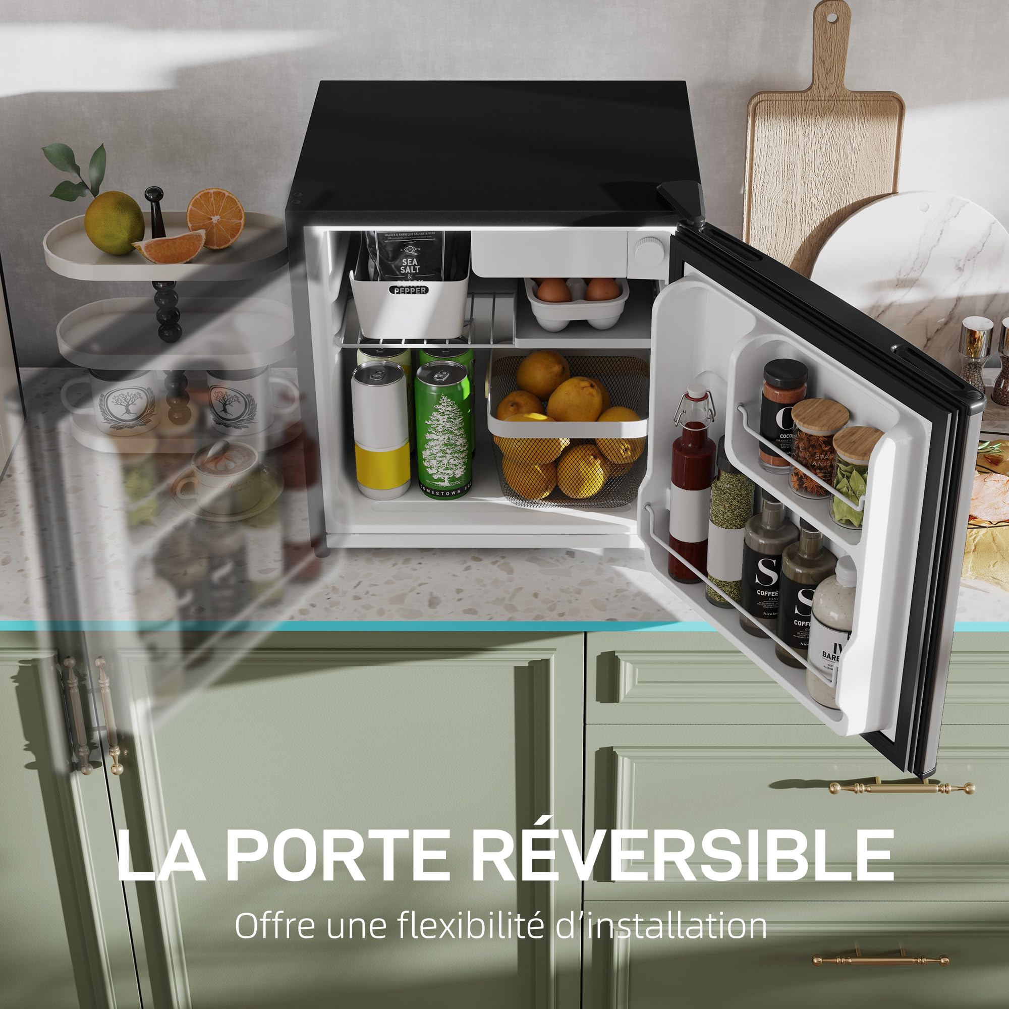 HOMCOM Réfrigérateur congélateur 46 L, mini frigo 41,5L+4,5L, silencieux, porte réversible, argenté